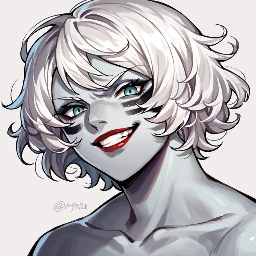 score_9, score_8_up, score_7_up, score_6_up, score_5_up, score_4_up, source_anime, 1girl, portrait, facepaint,  grin, looking_at_viewer, short hair, grey skin, white hair, curly hair, lipstick <lora:RoegadynFFXIVPonyV1-02:1>