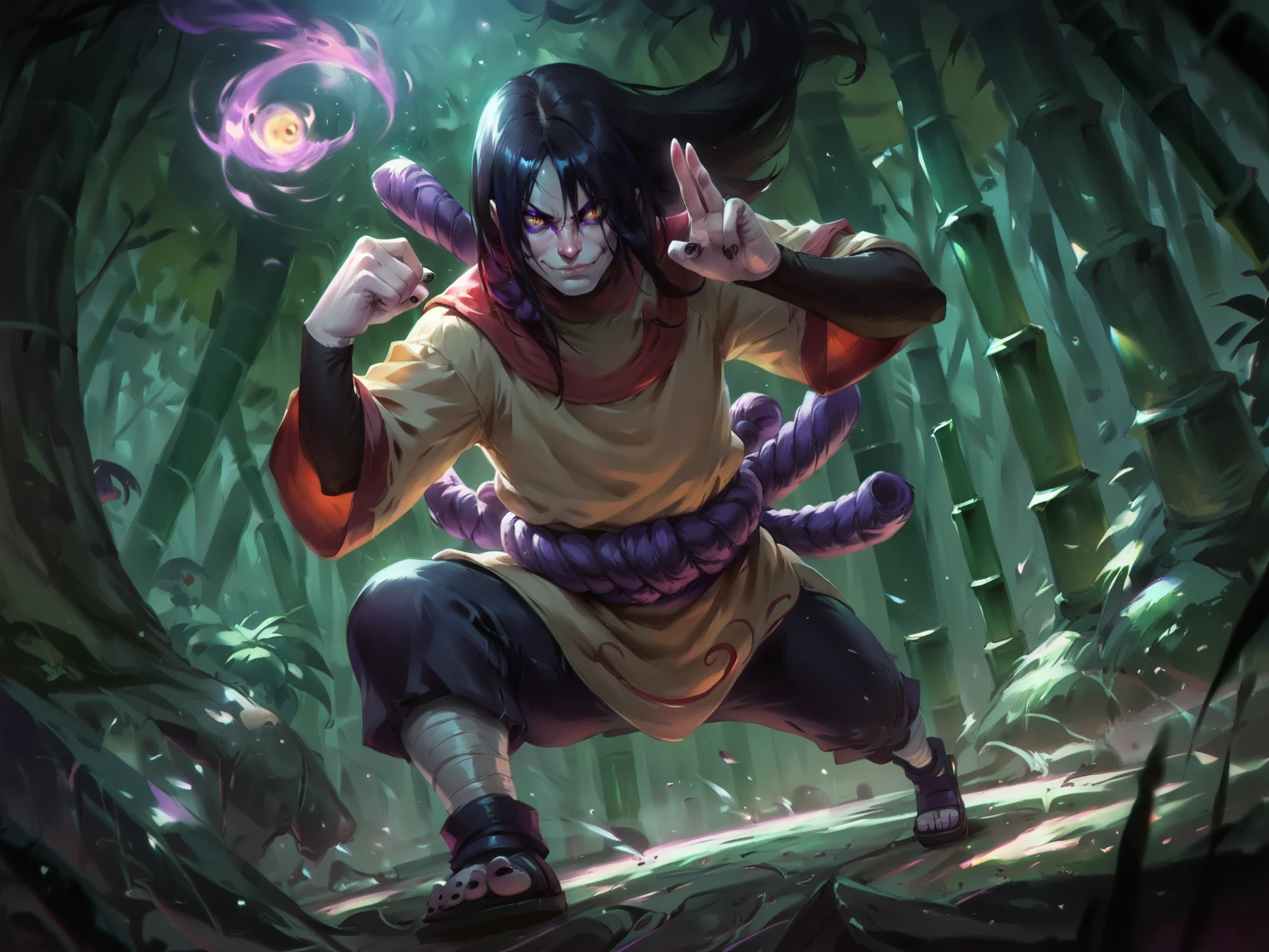 <lora:Naruto_r1:0.8>, <lora:OrochimaruV1-08:0.8>, 1boy, oroch1maru, yellow eyes, slit pupils, black hair, long hair, purple eyeliner, hair over one eye, pale skin, black nails, tan tunic, long sleeves, purple rope belt, pants, sandals, battle stance, smirk, solo, bamboo forest, night, hand up, hand gesture, fighting stance, dynamic angle, <lora:8_Horace_Hsu:0.8>, score_9, score_8_up, score_7_up