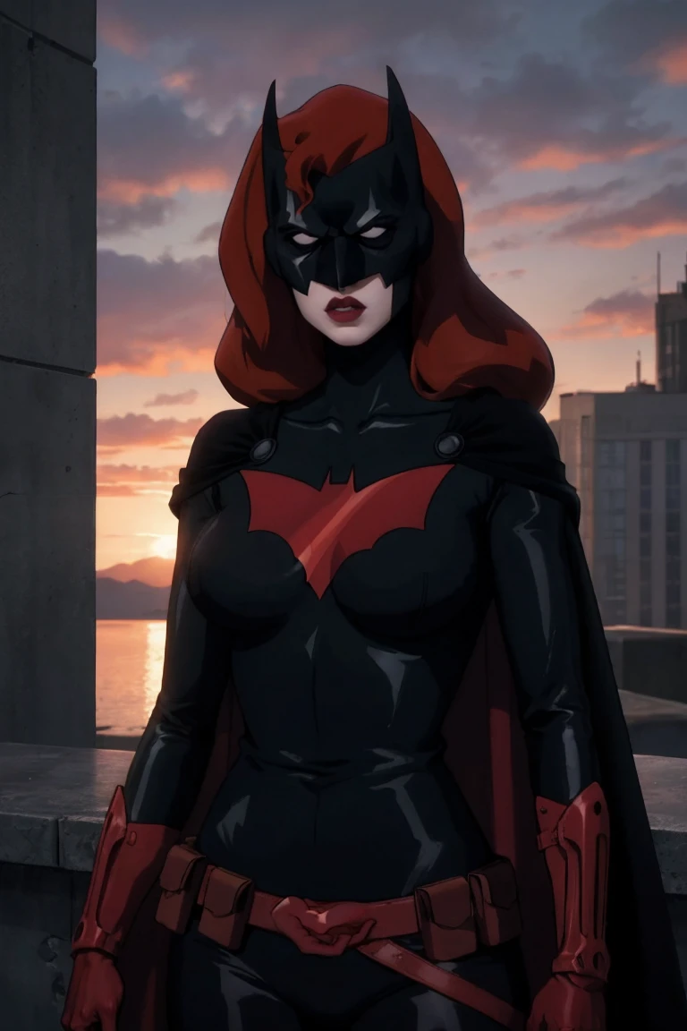 masterpiece, best quality, high quality, highres, twilight, sunset, upper body,
DC_batwoman_costume_ownwaifu, www.ownwaifu.com,
1girl, pale skin, white eyes, mask, breasts, long hair, lipstick, red hair, medium breasts, pouch, lips, makeup, red gloves, red lips, colored skin, large breasts,
bat print, bodysuit, cape, superhero, red gloves, gloves, belt, black bodysuit, utility belt, black cape, belt pouch, helmet, cleavage, armor, holster, belt buckle, red cape, thigh strap, red belt,
<lora:CARTOON_DC_batwoman_bad_blood_ownwaifu-15:0.7>