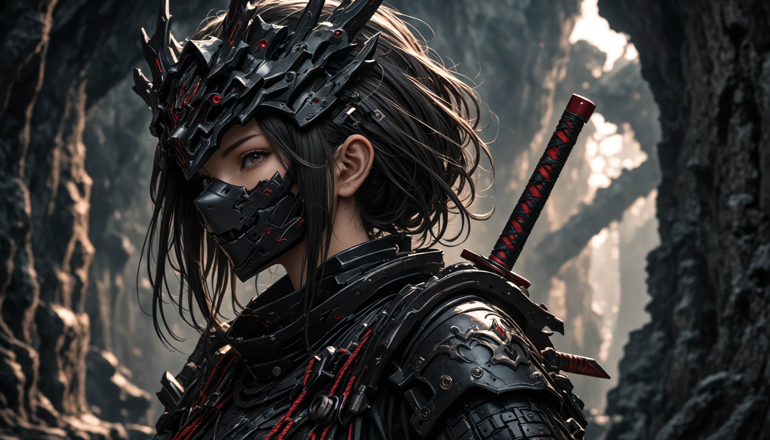 1girl,
(dark theme:1.4), pose, close up on face, exoskeleton, samurai armors style with katana , ,
mask on, from side, smile,
red trim on body,
(lens flare, backlighting:1.4)
dark cave,
realistic, photorealistic,, (masterpiece:1.2), (best quality:1.2), (very aesthetic:1.2), (absurdres:1.2), (detailed background),newest,ai-generated, intricate,