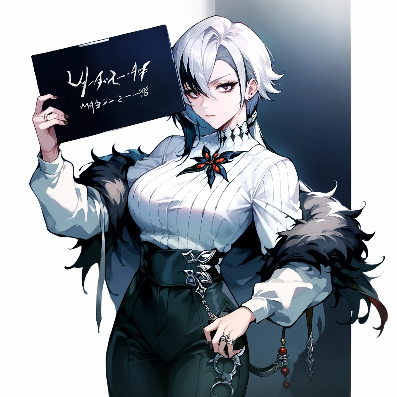 score_9, score_8_up, source_anime, mugshot-ptn, arlecchino gi, 1girl, solo, white background, fur trim, hair between eyes, bangs, closed mouth, rings, white shirt, earrings, chocker, black nail, large breasts, handcuffs, black gloves, black pants, cowboy shot, holding, <lora:mugshot-ptn:1.0>, <lora:arlecchino xl pd:0.8>