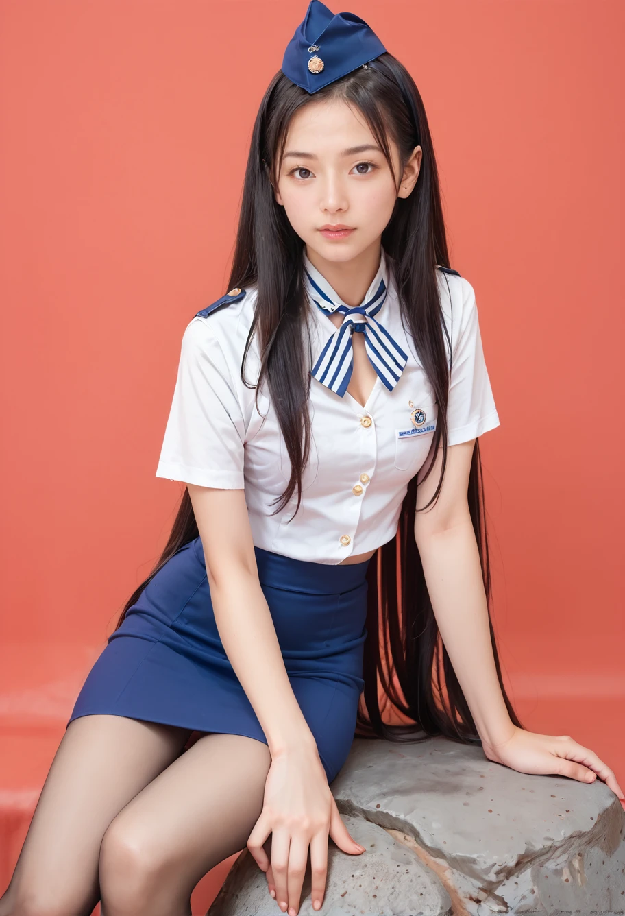 score_9,score_8_up,score_7_up,
very long hair,black hair,1girl,solo,red background,sitting on rock,,ruanyi0434,blue skirt,uniform,white shirt,miniskirt,stewardess hat,pantyhose,cowboy shot,<lora:0434 stewardess_v1_pony:0.8>