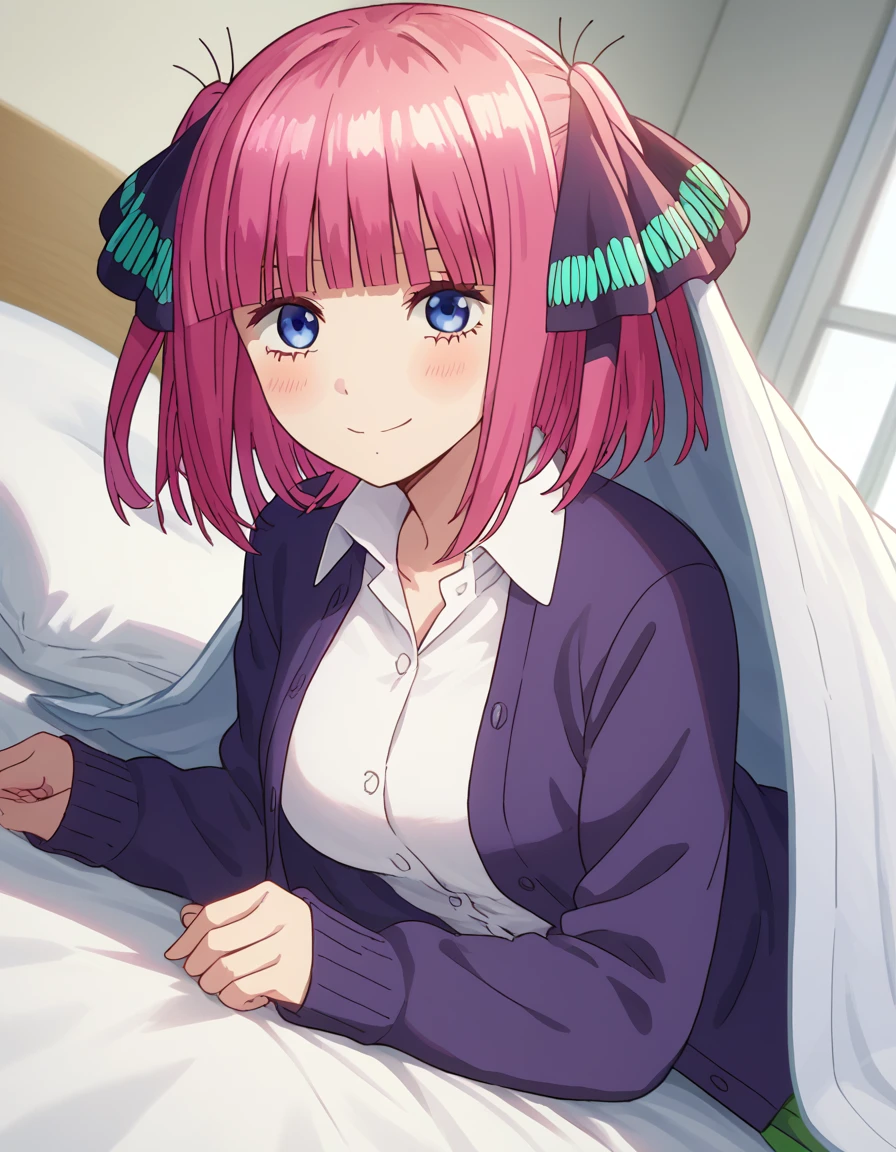 score_9, score_8_up, score_7_up, source_anime,
ninonakano, <lora:nino-nakano-s1-ponyxl-lora-nochekaiser:1>,
nino nakano, short hair, bangs, hair ornament, hair ribbon, pink hair, blunt bangs, two side up, butterfly hair ornament, mature female,
skirt, shirt, long sleeves, white shirt, pleated skirt, open clothes, collared shirt, sleeves past wrists, dress shirt, cardigan, green skirt, open cardigan, black cardigan,
indoors, bed, bed room, smile, blush, <lora:bed-invitation-ponyxl-lora-nochekaiser:1>, bed invitation, on bed, on side, pillow, under covers,
looking at viewer, cowboy shot, dutch angle, solo,