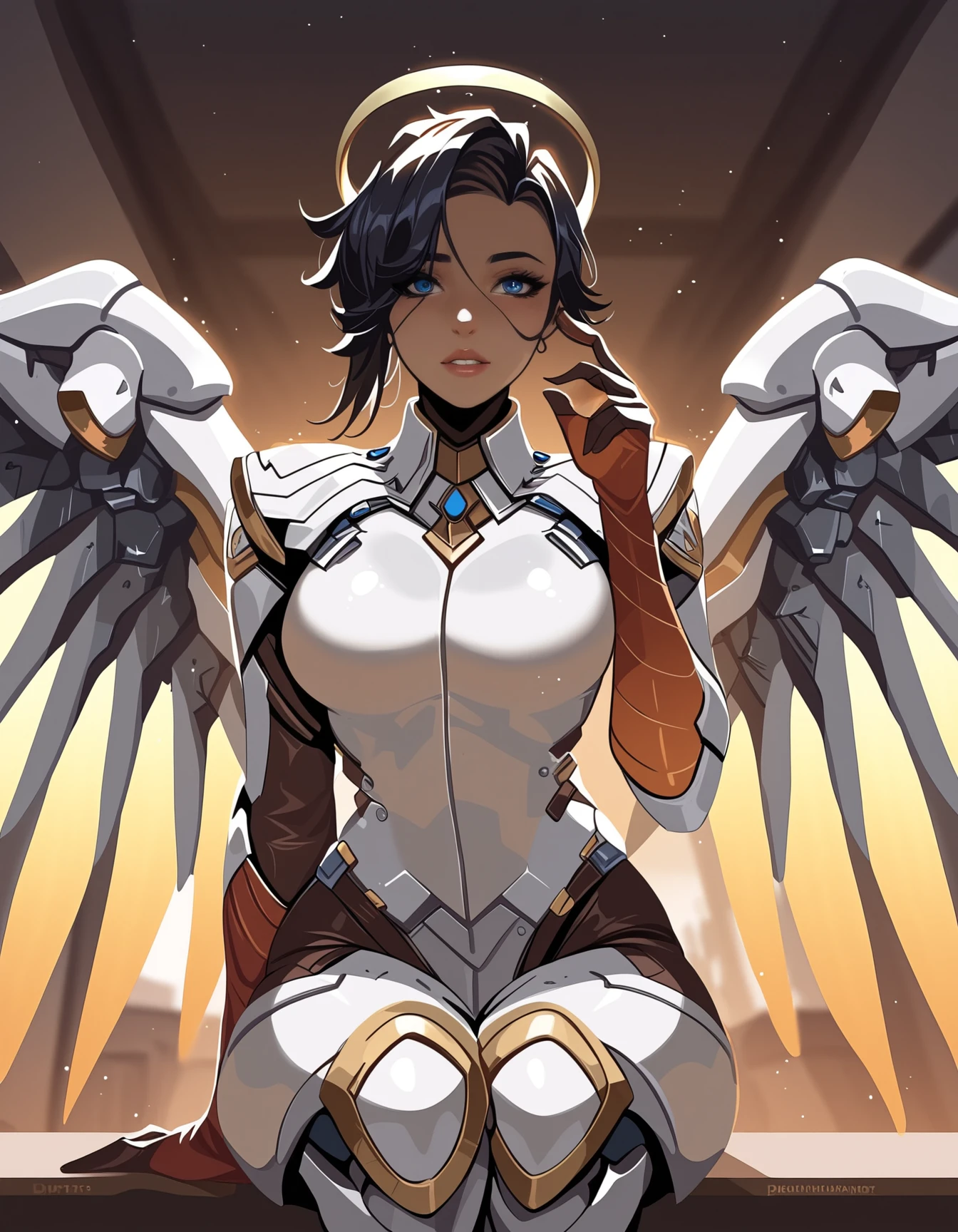 score_9, score_8_up, score_7_up, score_6_up, score_5_up, score_4_up,  
mercy, white armor, glowing wings,halo, 1girl, solo, blue eyes, boss dominatrix, large breasts, trim cut hairstyle, black hair, sitting, posing, looking at viewer, tight body, minimalist dark office room, night, oiled skin, tan skin, sun tan lines, sultry look, concept art, realistic, 