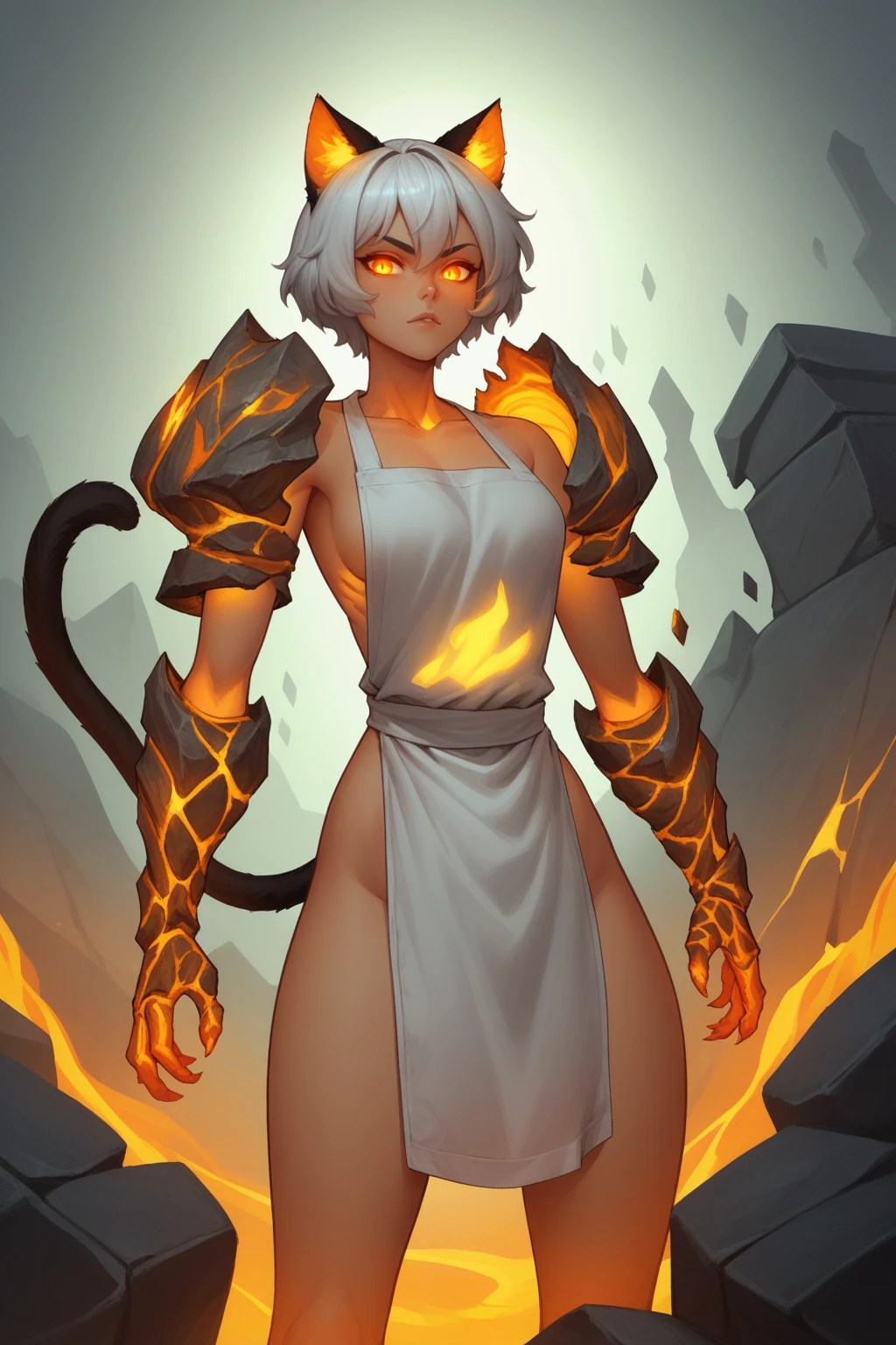 score_9, score_8_up,  <lora:NSFelConstructWC3:0.8> 1girl, solo, short hair, armor, white hair, naked apron, cat ears NSFelConstructWC3, looking at viewer, orange eyes, standing, glowing, glowing eyes, monster made of stone, orange flames, orange glow, bones, cat tail