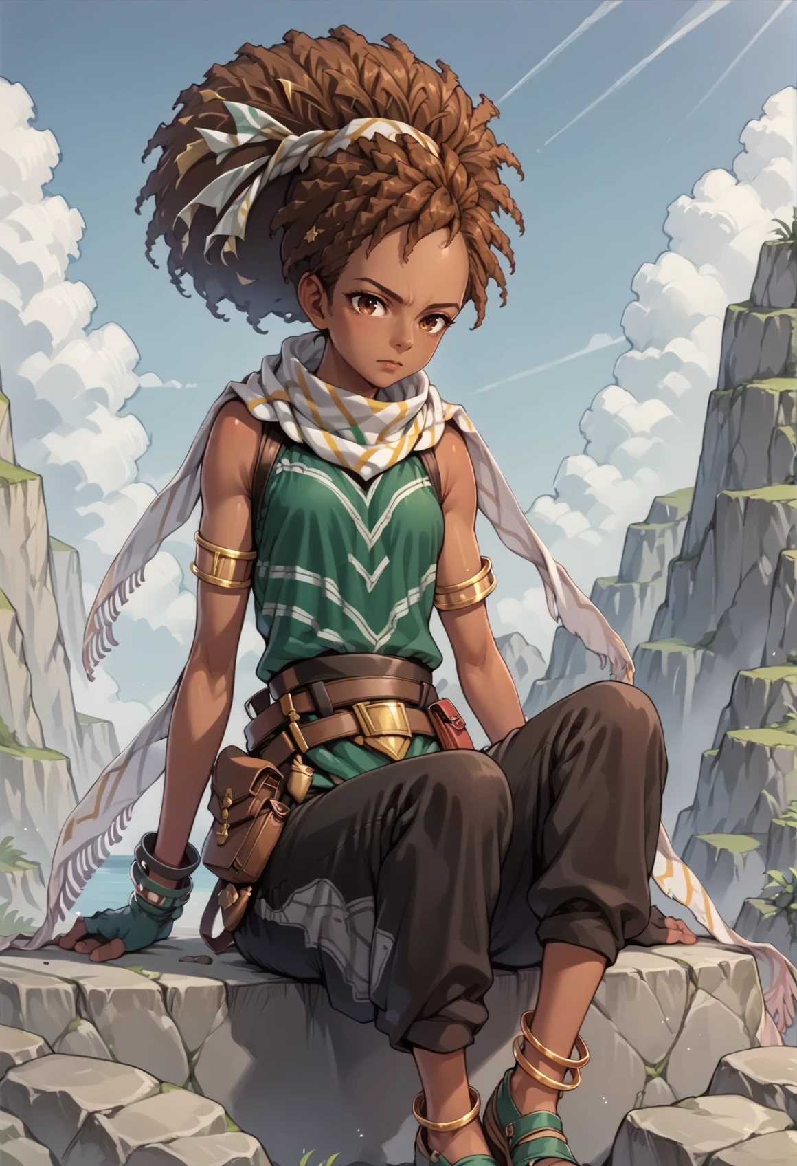 1girl, very dark skin, brown hair, dreadlocks, brown eyes, fingerless gloves, scarf, jewelry, pants, anklet, armlet, pouch, belt, sitting, rock, outdoors <lora:Marisa_Eiyuden_Chronicle_XL_r1:1>, score_9, score_8_up, score_7_up, score_6_up, score_5_up, score_4_up, BREAK source_anime, masterpiece