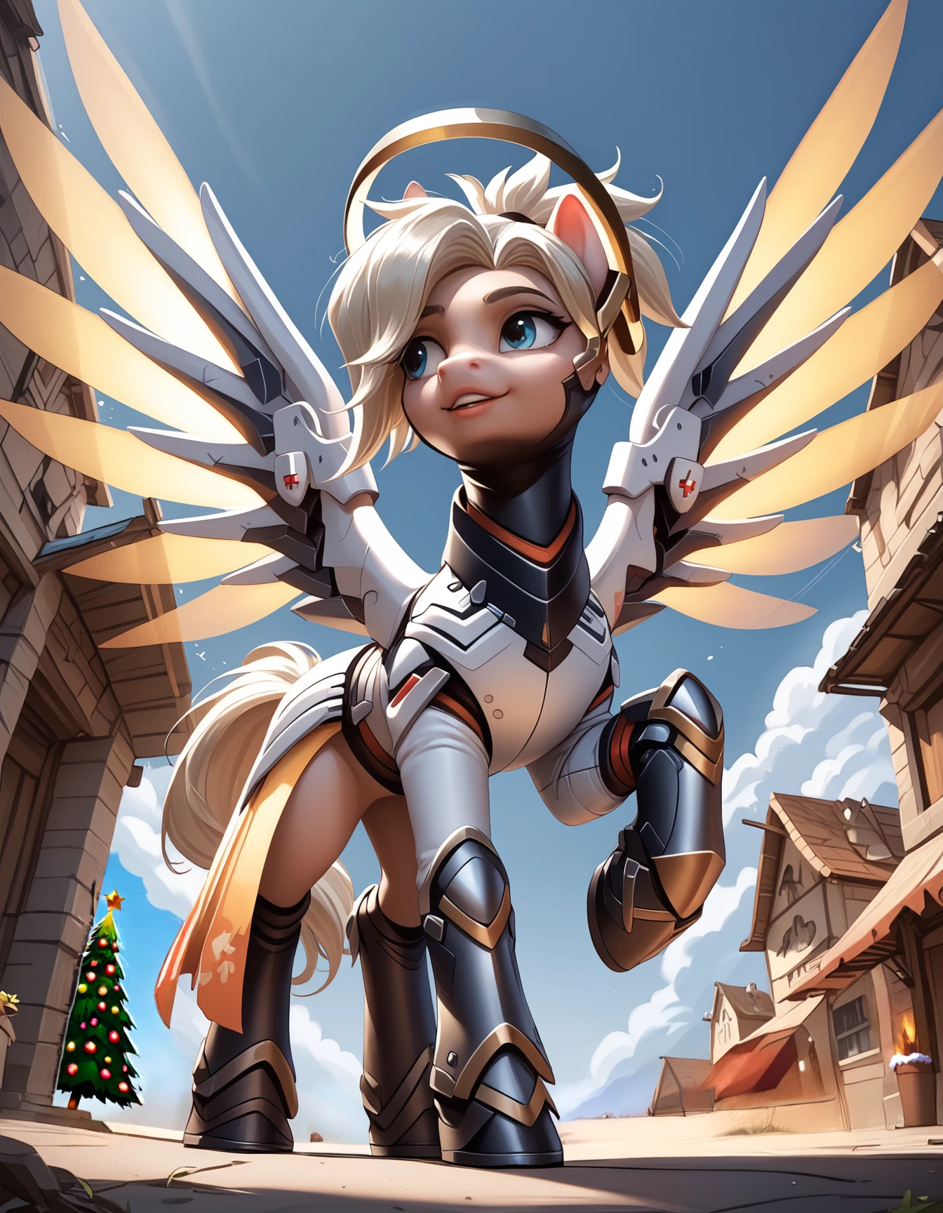 score_9, score_8_up, score_7_up, score_6_up, score_5_up, score_4_up,  
mercy,expressive, full body, pony, feral, cute, beautiful, pretty,white armor, glowing wings,halo,(at a spacestation:1.1), highly detailed, intricate details, digital art, perfect anatomy, perfect proportions, 4k,  dynamic pose,