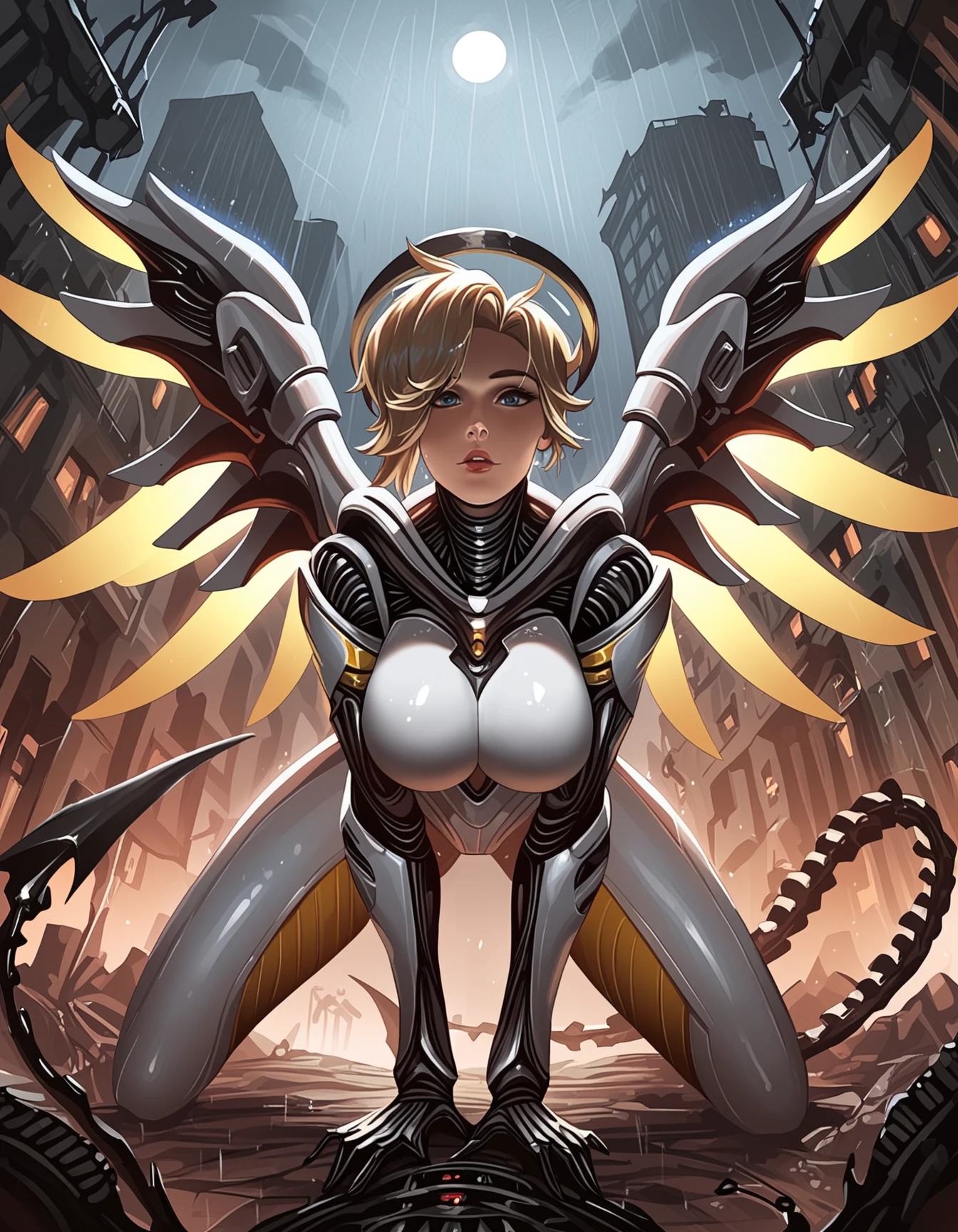 score_9, score_8_up, score_7_up, score_6_up, score_5_up, score_4_up,  
mercy, white armor, glowing wings,halo, semi realistic, alien,(xenomorph:1.3),fringe, sexy, shiny skin, shiny oiled skin, bodysuit, cowboy shot,  all fours, looking at the viewer,  city ruins, rain, neon lights, detailed background, post-apocalypse, buldings,