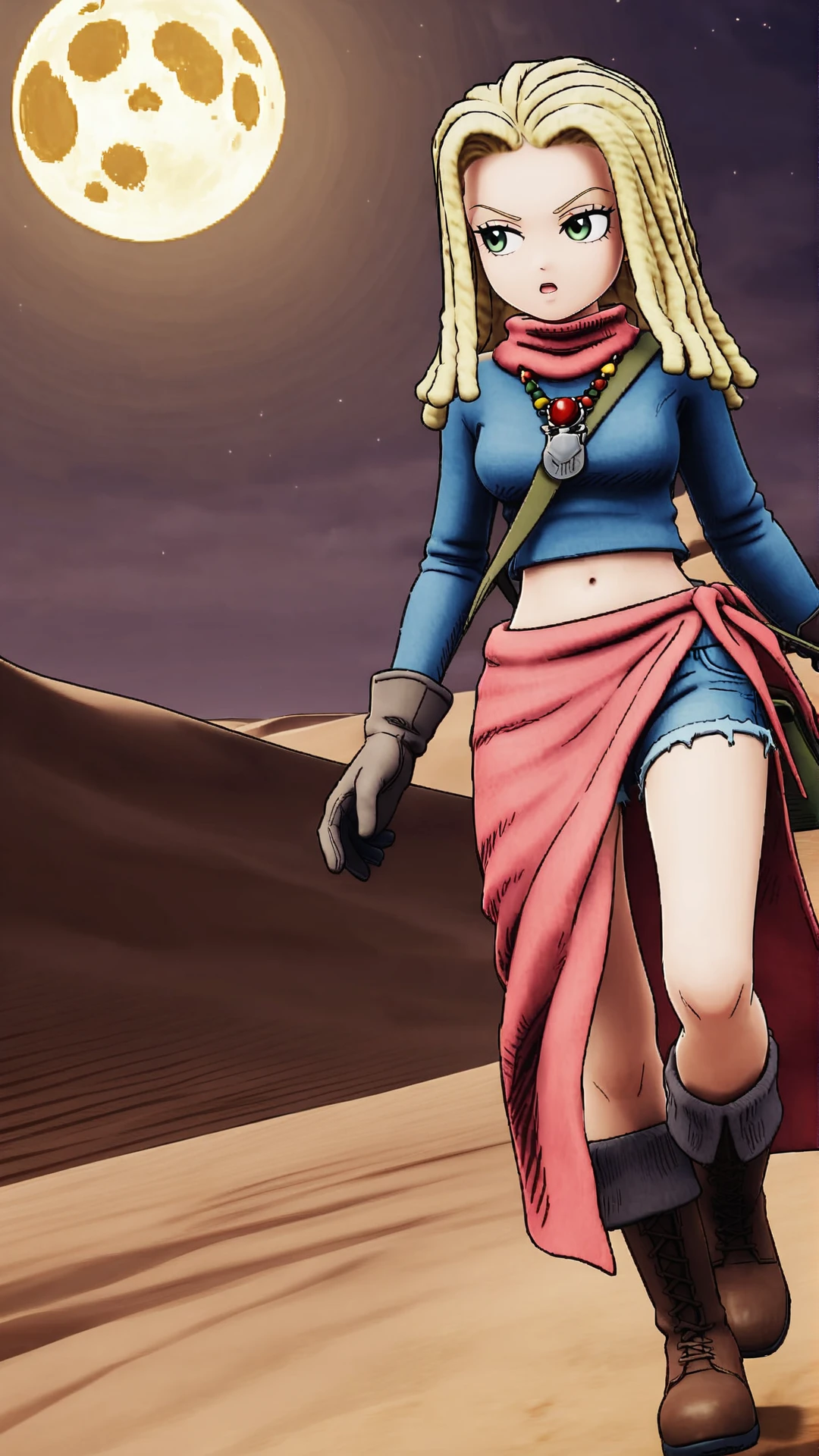 Ann, blonde hair, reggae hair style, shoulder length hair, green eyes, necklace, red scarf, blue short T-shirt, navel, blue denim short skirt, deep grey gloves, deep green bag, red sarong, brown short boots, running, in desert, at moon night<lora:EMS-369407-EMS:0.700000>