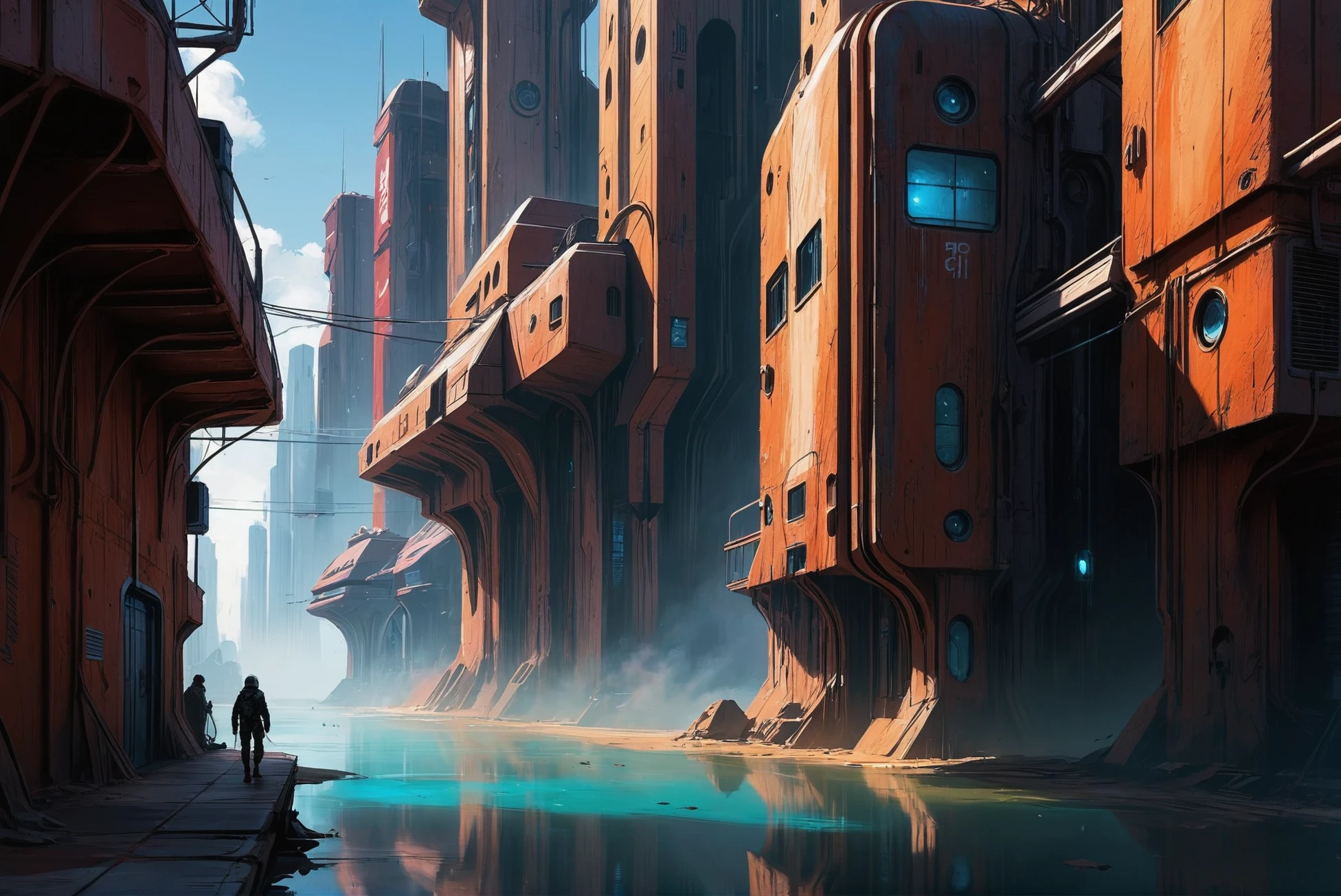 digital painting, scifi city, vertical,idyllic scifi town at the beginning of time<lora:EnvyStarlightScifiAesthetic04:1>