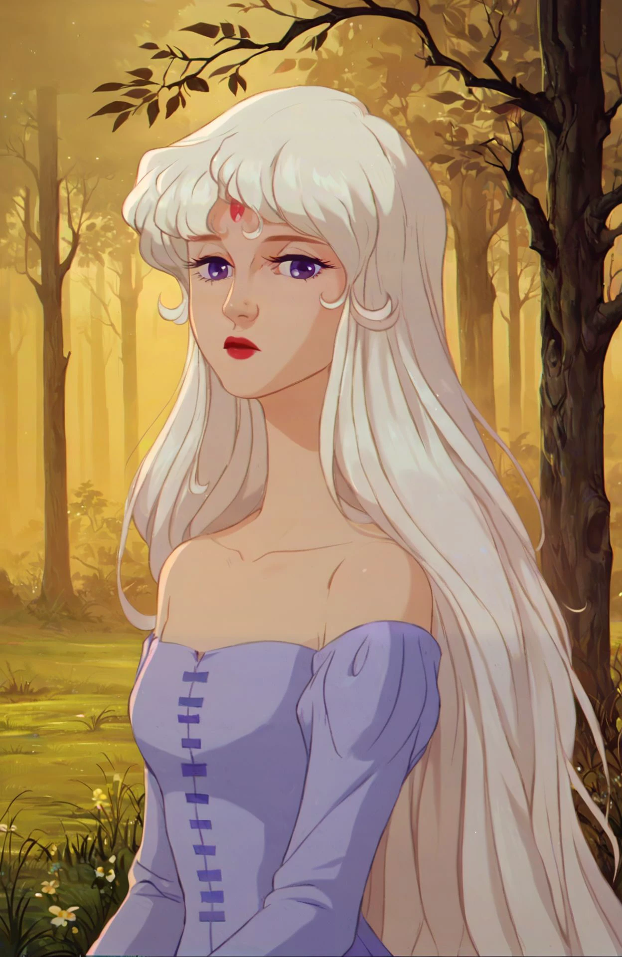 looking at viewer, 1girl, white hair, very long hair, purple eyes, purple dress, long sleeves, bare shoulders, red lips, expressionless, outdoors, tree, grass, plant, nature, scenery, forest, yellow theme, retro artstyle,
<lora:tlu_amalthea_PNY:0.75>, score_9, score_8_up, score_7_up, score_6_up, score_5_up, score_4_up, ponypositive,