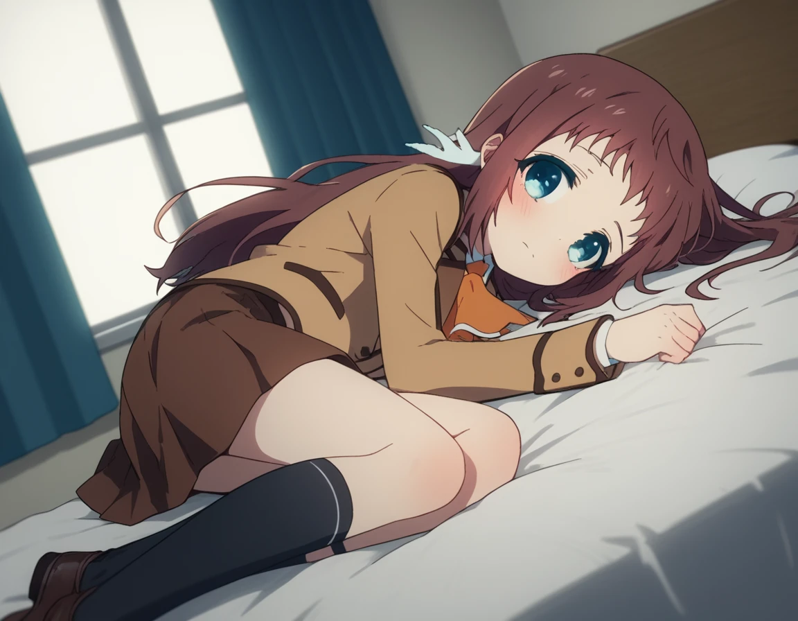 score_9, score_8_up, score_7_up, source_anime,
manakamukaido, <lora:manaka-mukaido-s1-ponyxl-lora-nochekaiser:1>,
manaka mukaido, long hair, blue eyes, brown hair,
skirt, school uniform, socks, blazer, neckerchief, long sleeves, brown skirt, brown blazer,
indoors, bed, bed room, on side, blush, drunk,
looking at viewer, cowboy shot, dutch angle, solo,