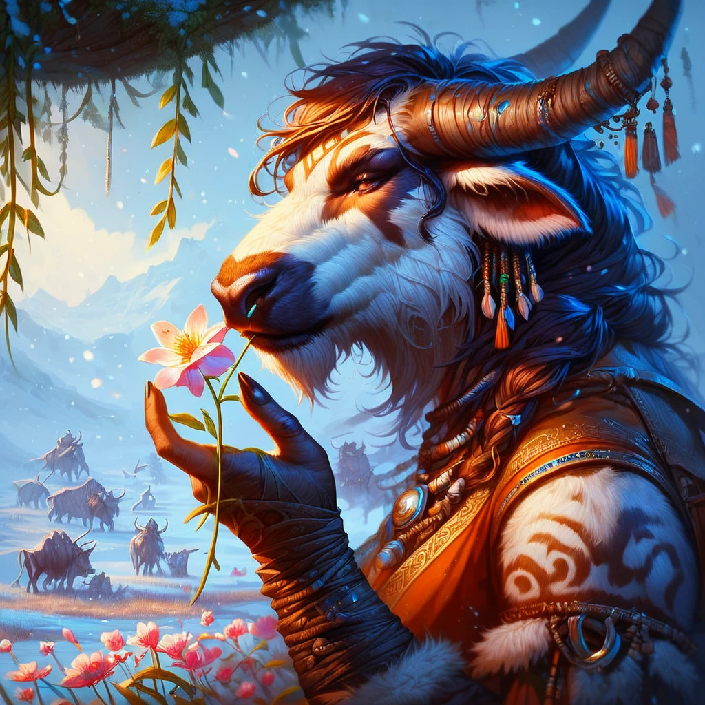 score_9, score_8_up, score_7_up, a tauren shaman, ritualistic clothing, sniffing a flower, detailed snowy background, realistic concept art,