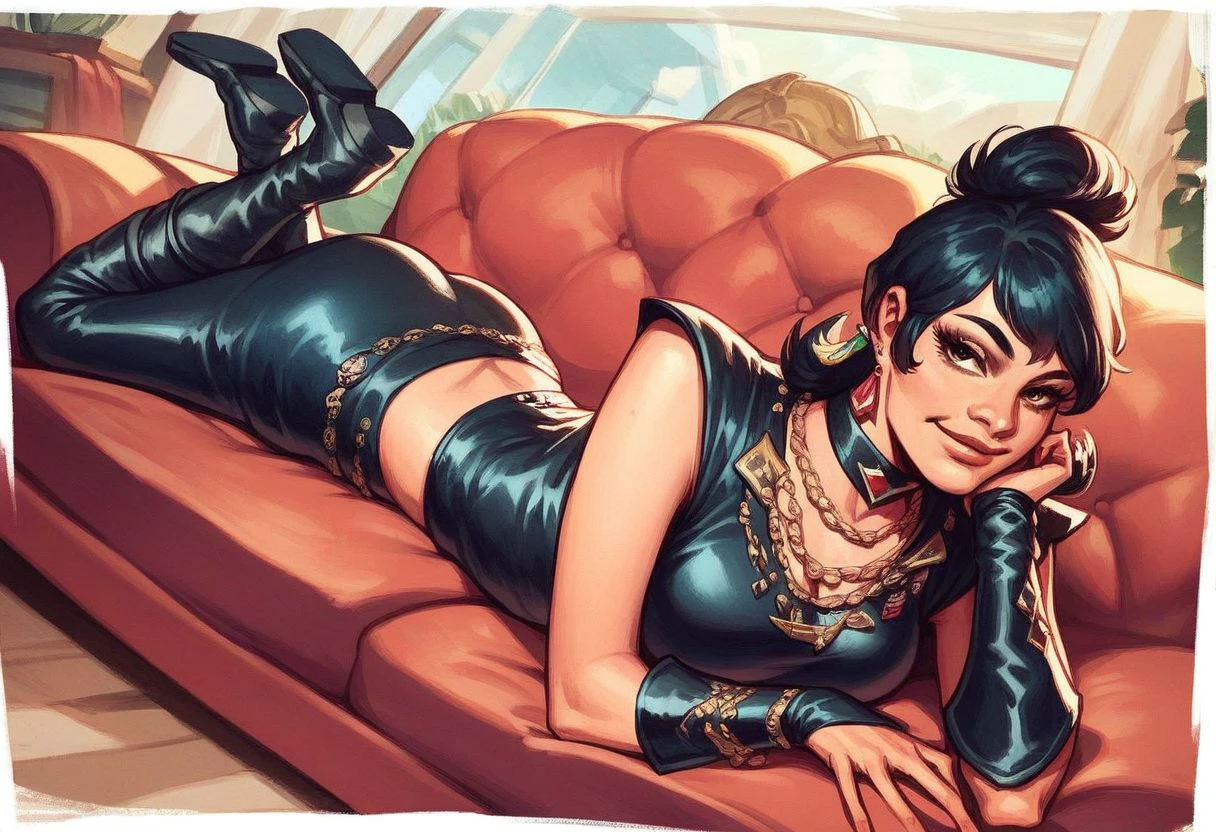 score_9_up, score_8_up, score_7_up, score_6_up, 1girl,  (Kitten_Mcgee) , jewelry, earrings, necklace, black leather crop top, boots, (painted art),, smile, lying on a red and gold sofa