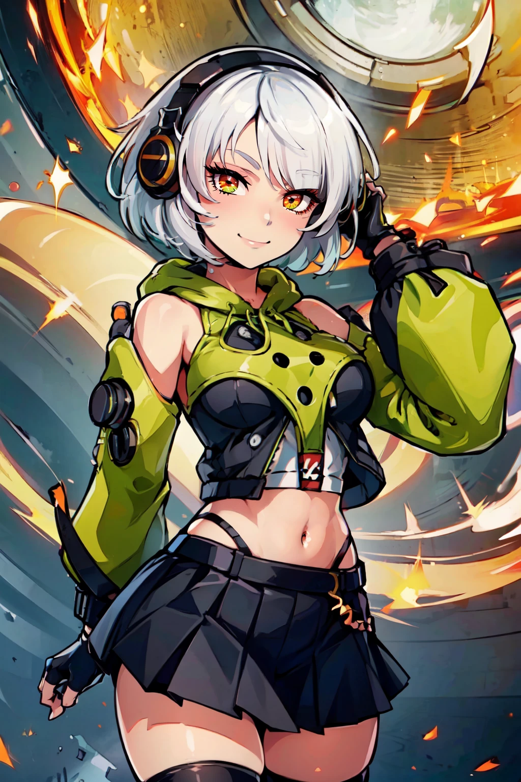 ((masterpiece,best quality)), absurdres, <lora:anby_demara:0.7>,  curvy, medium breasts, wide hips,   anby demara, orange eyes, short hair, white hair, bare shoulders, black gloves, black skirt, black thighhighs, fingerless gloves, gloves, green jacket, headphones, jacket, navel, skirt, stomach, thighhighs,  solo, smile, looking at viewer, cowboy shot,