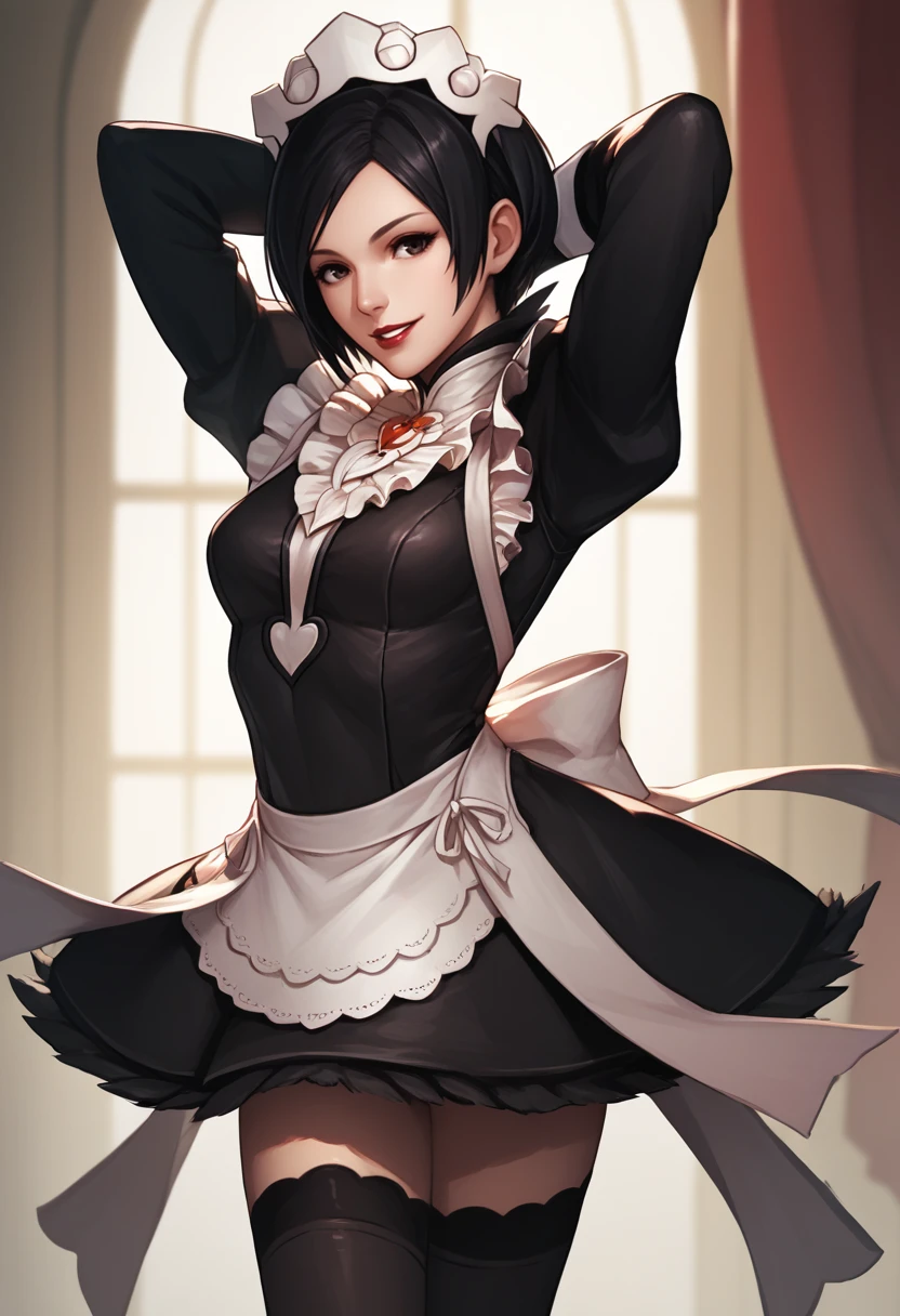 score_9, score_8_up, score_7_up, source_anime, BREAK 1girl, solo, <lora:fatesmaid-fe-richy-v1_pdxl:0.8> fates maid, maid headdress, maid apron, black thighhighs, <lora:adawong-re-richy-v1_pdxl:0.8> adasweater, black hair, short hair, black eyes, parted lips, lipstick, red lips, arms behind head, smile
