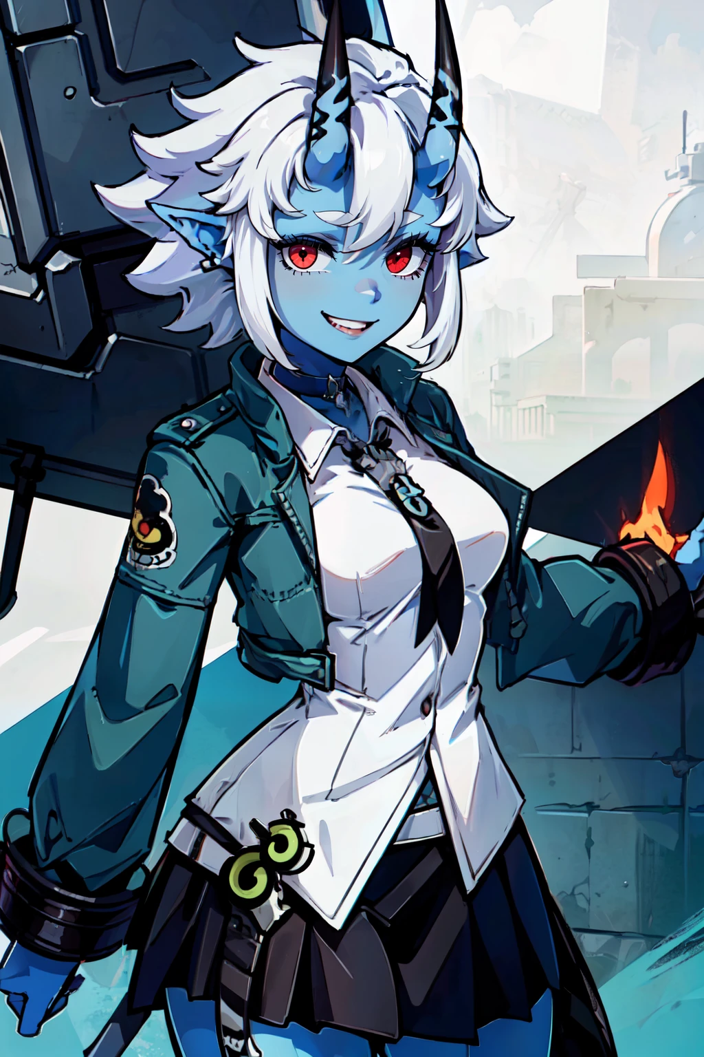 ((masterpiece,best quality)), absurdres, <lora:soukaku:0.7>,  curvy, medium breasts, wide hips,   soukaku, red eyes, blue skin, white hair, short hair, horns, oni,   black choker, jacket, white collared shirt, black tie, black skirt,   solo, smile, looking at viewer, cowboy shot,