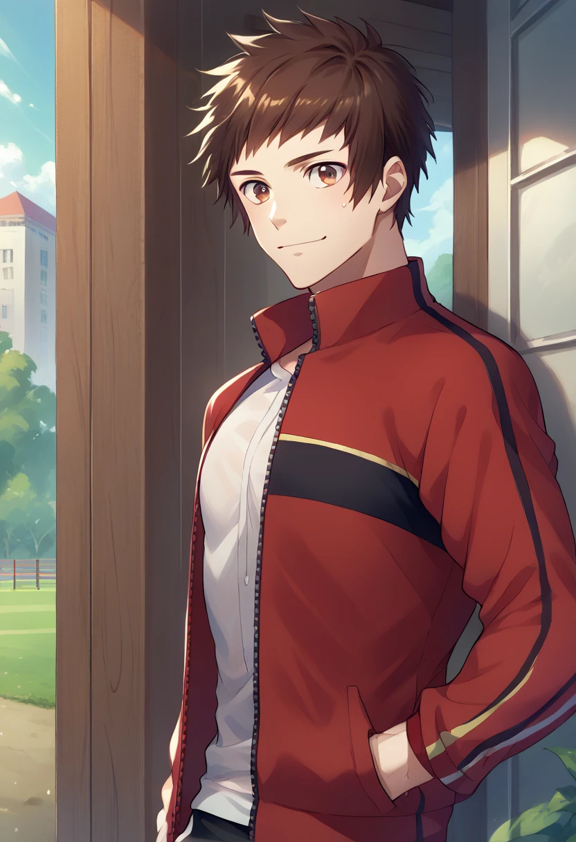 score_9, score_8_up, score_7_up, masterpiece, best quality, amazing quality, best aesthetic, ,absurdres, ((source_anime)), cute, sshingo_fit, brown hair, brown eyes, red with black track jacket, black pants white shirt, white sneakers, 1boy<lora:EMS-369420-EMS:1.000000>