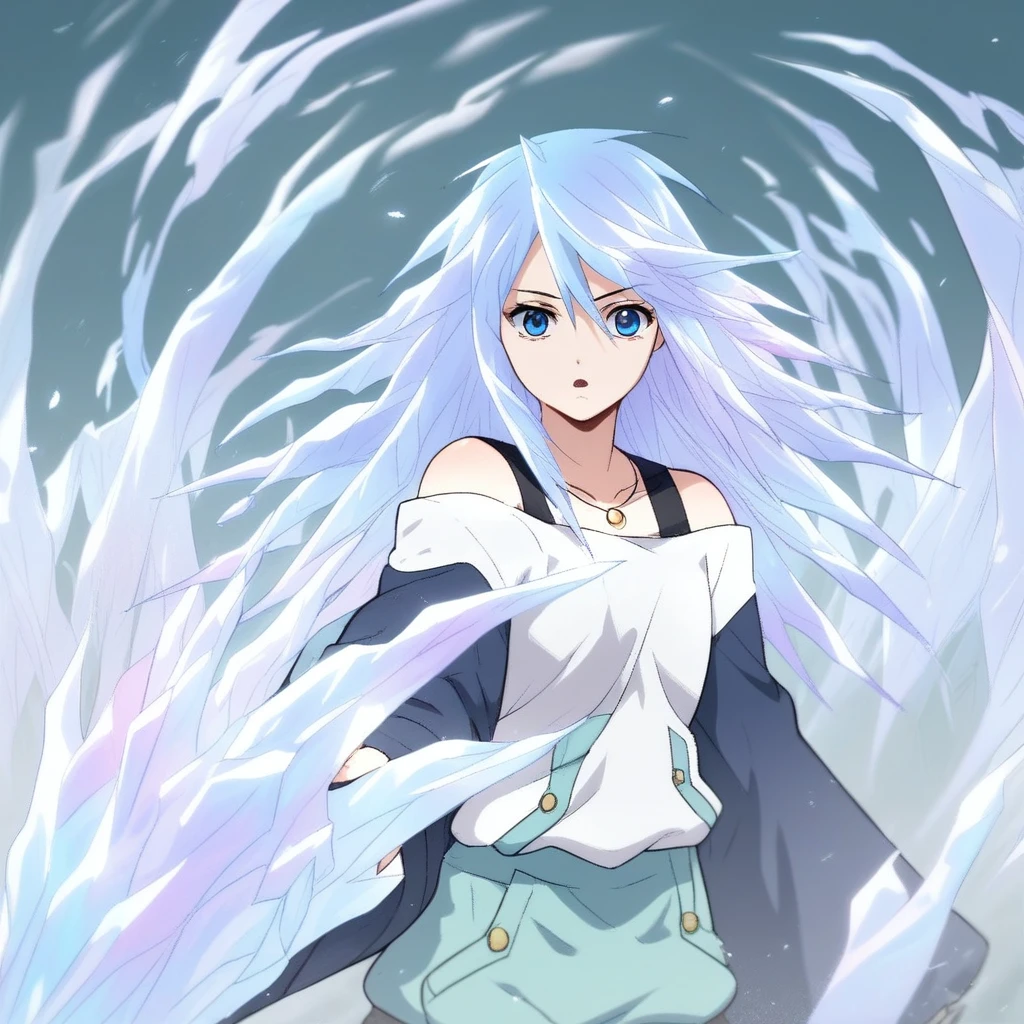 score_9, score_8_up, score_7_up, score_6_up, Mizore Shirayuki, MizoreShirayuki, mouth hold, yukionna, yuki_onna, 1girl, solo, long hair, looking at viewer, open mouth, blue eyes, bare shoulders, blue hair, weapon, sword, ice sword, ice made sword,