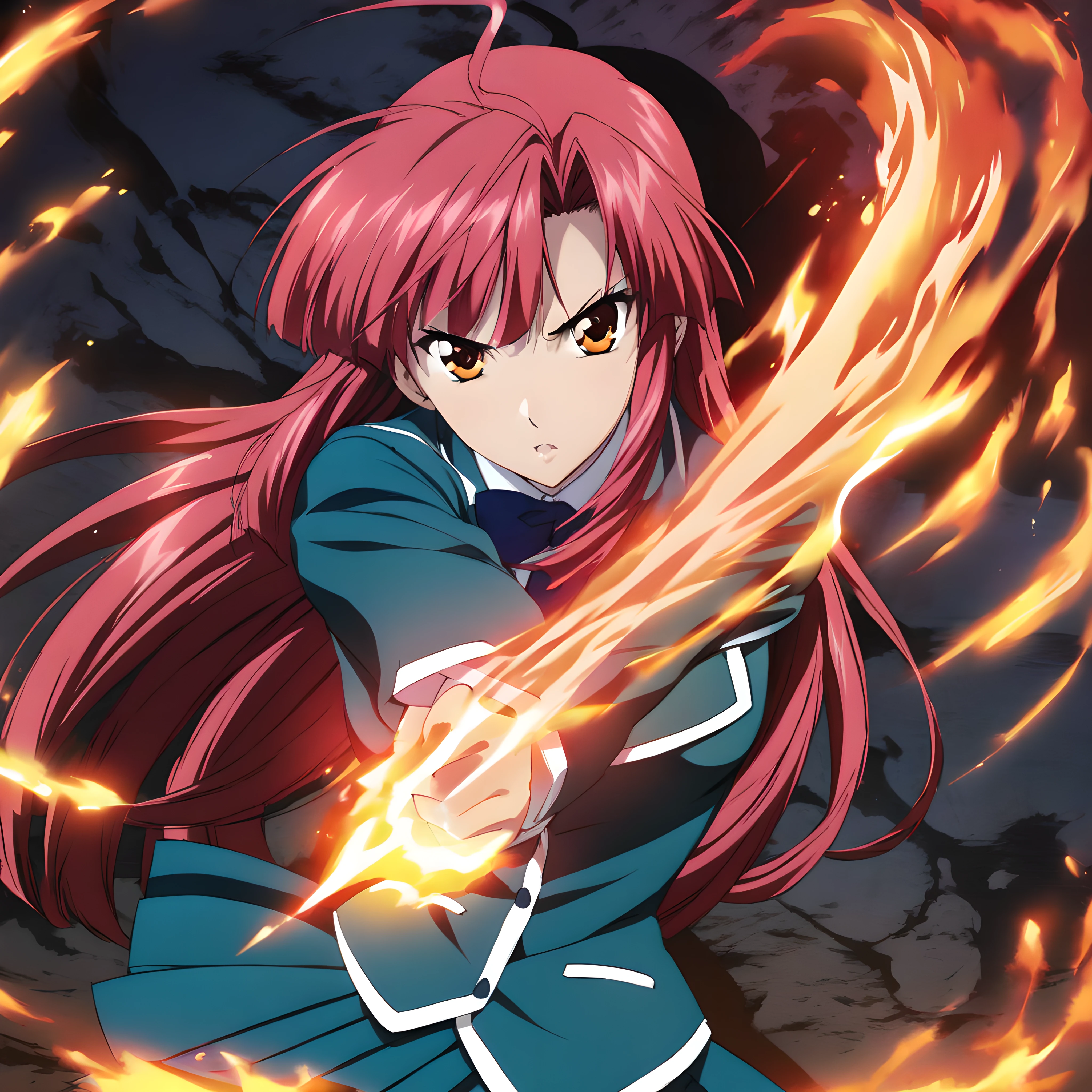 (masterpiece),(best quality),(ultra-detailed),(best illustration),(best shadow),(absurdres),(detailed background),(very aesthetic),ayano kannagi, 1girl, weapon, school uniform, long hair,solo, red hair, pink hair, orange eyes, looking at viewer, preparing to fight, fighting stance, fire enveloping, fire aura, <lora:ayanokannagi-40:1>