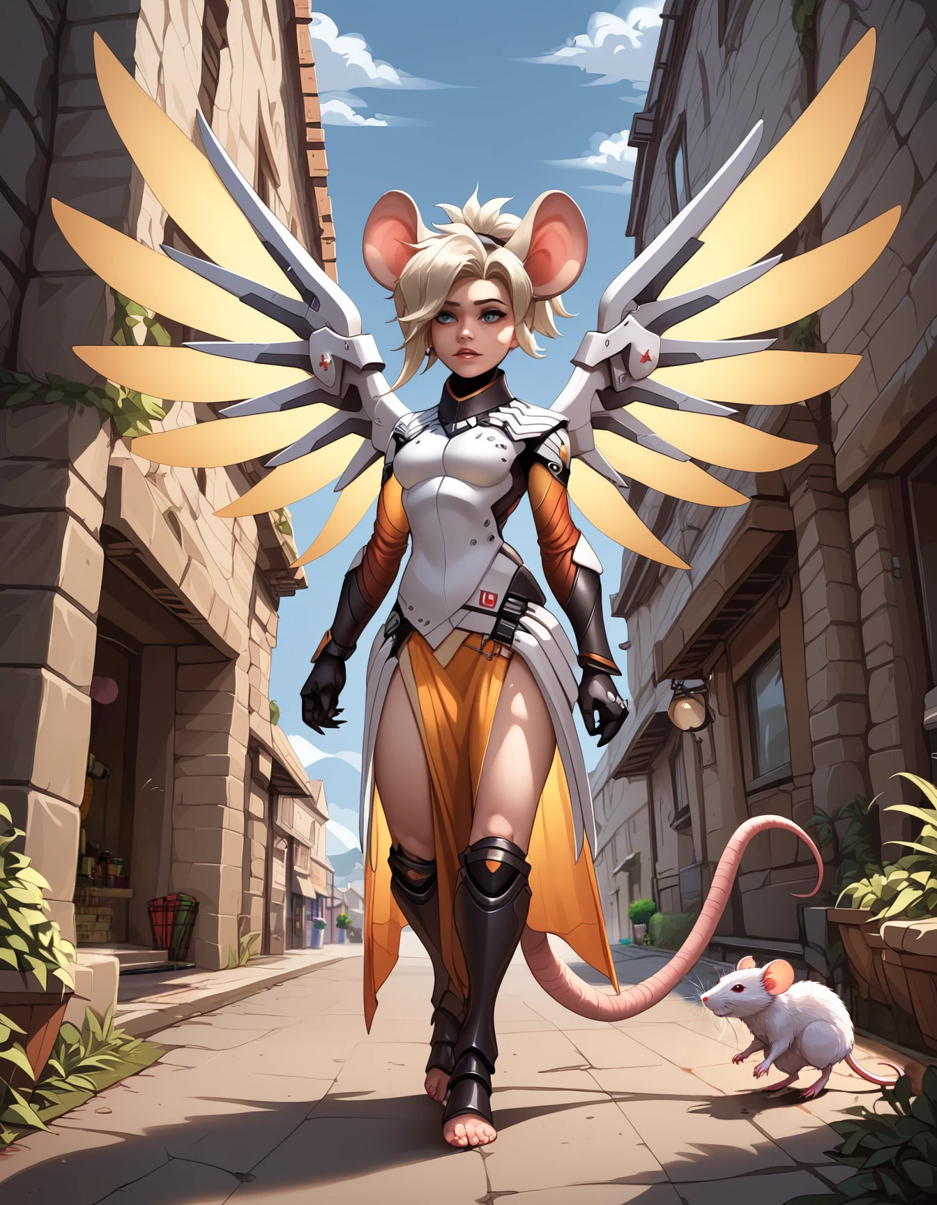 score_9, score_8_up, score_7_up, score_6_up, score_5_up, score_4_up,  
mercy, white armor, glowing wings,halo, (fluffy:0.5), (feral), outdoors, toes, furry, (((mouse))), female, blue eyes, yellow fur, chest, claws, (fluffy cheeks:0.5), (red dress), in the style of beatrix potter,(solo:1.1), walking at a sea
