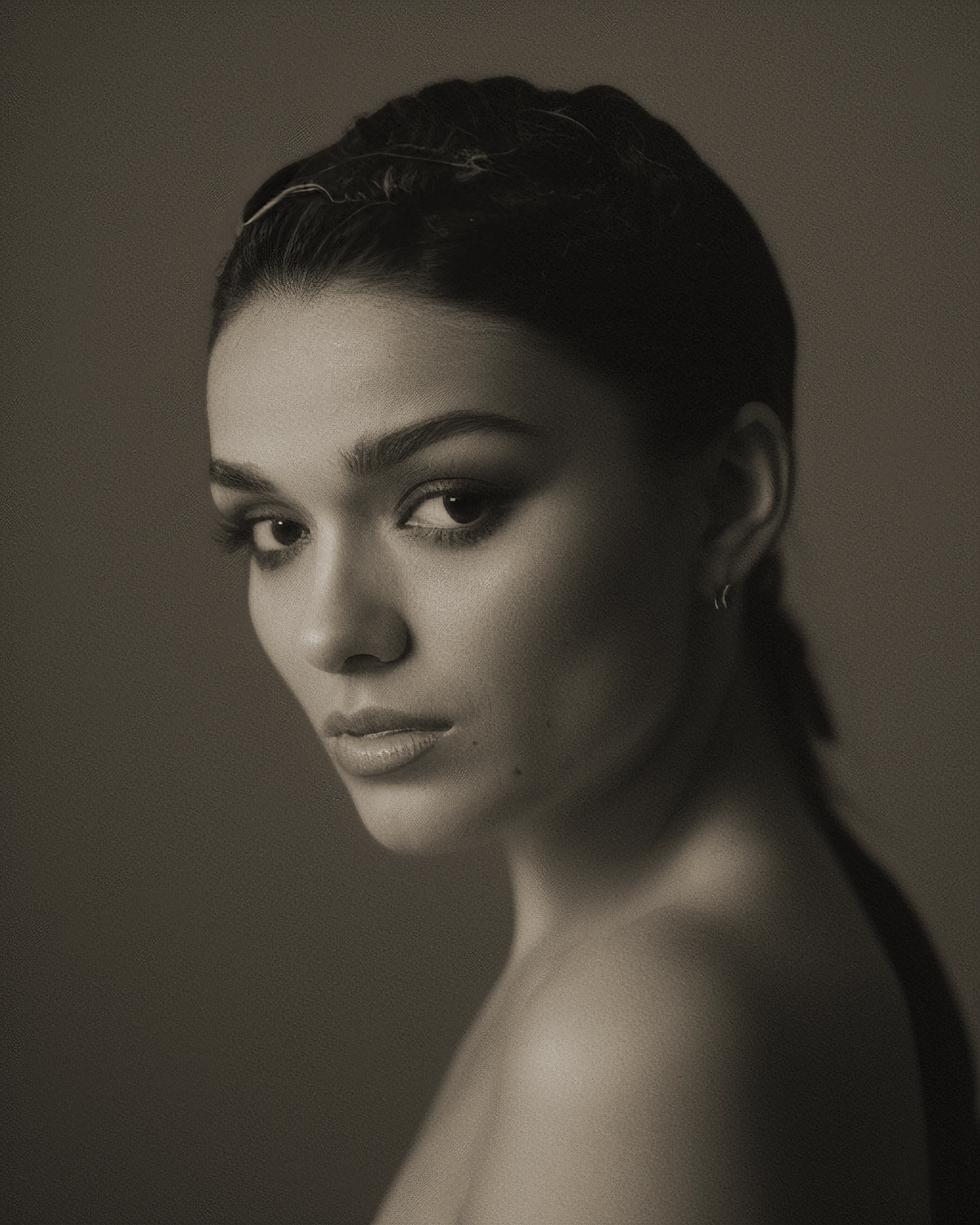 rach-zeg, , monochrome, portrait, 1950s hairstyle, 50s makeup, jewelry, formal hairstyle, glamour, headshot, (looking at viewer), parted lips, fujifilm, masterpiece, photograph, <likenesshelpbyshurik3>:0.7