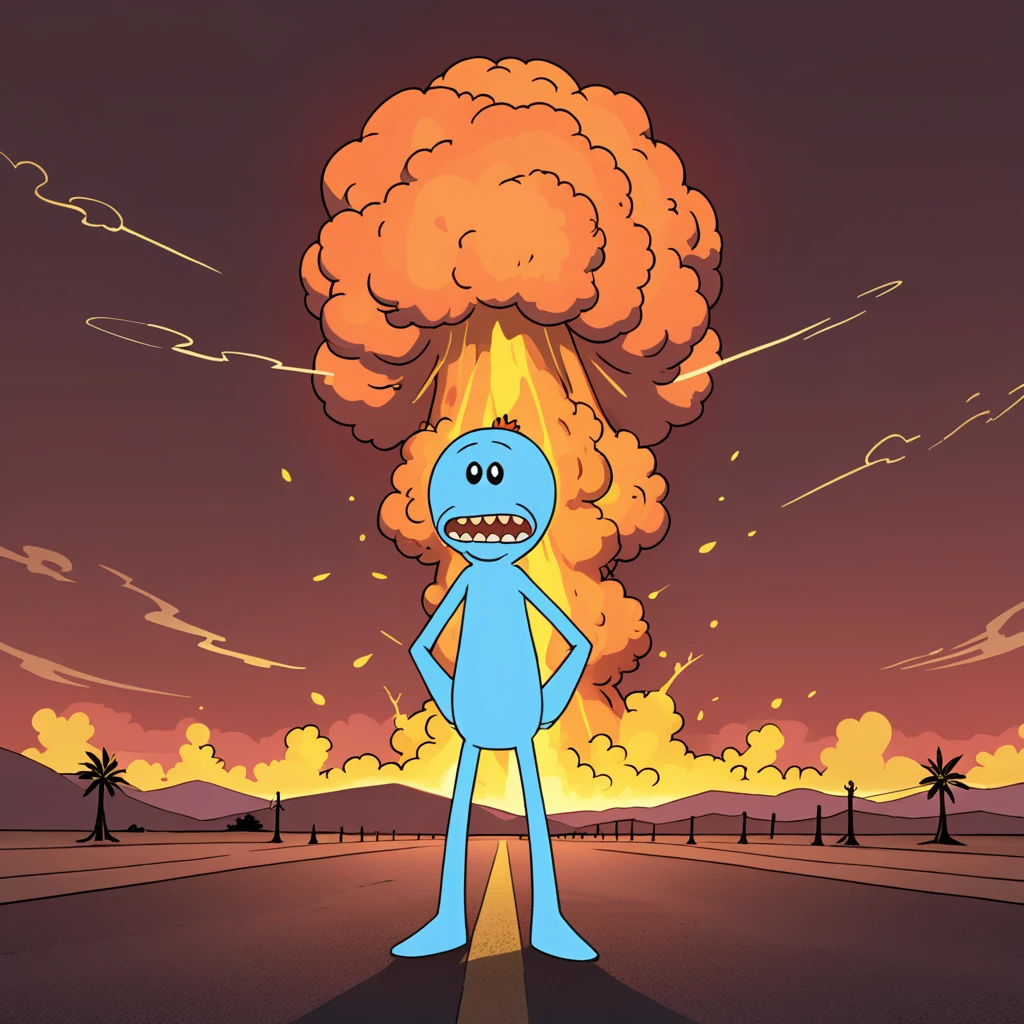 cartoon, western animation, ultimate masterpiece, meeseeks alien, standing in front of a nuclear explosion, (full shot, full body:1.2)
 <lora:Meeseeks_AnimagineXL_V30_v1-000007:.8>