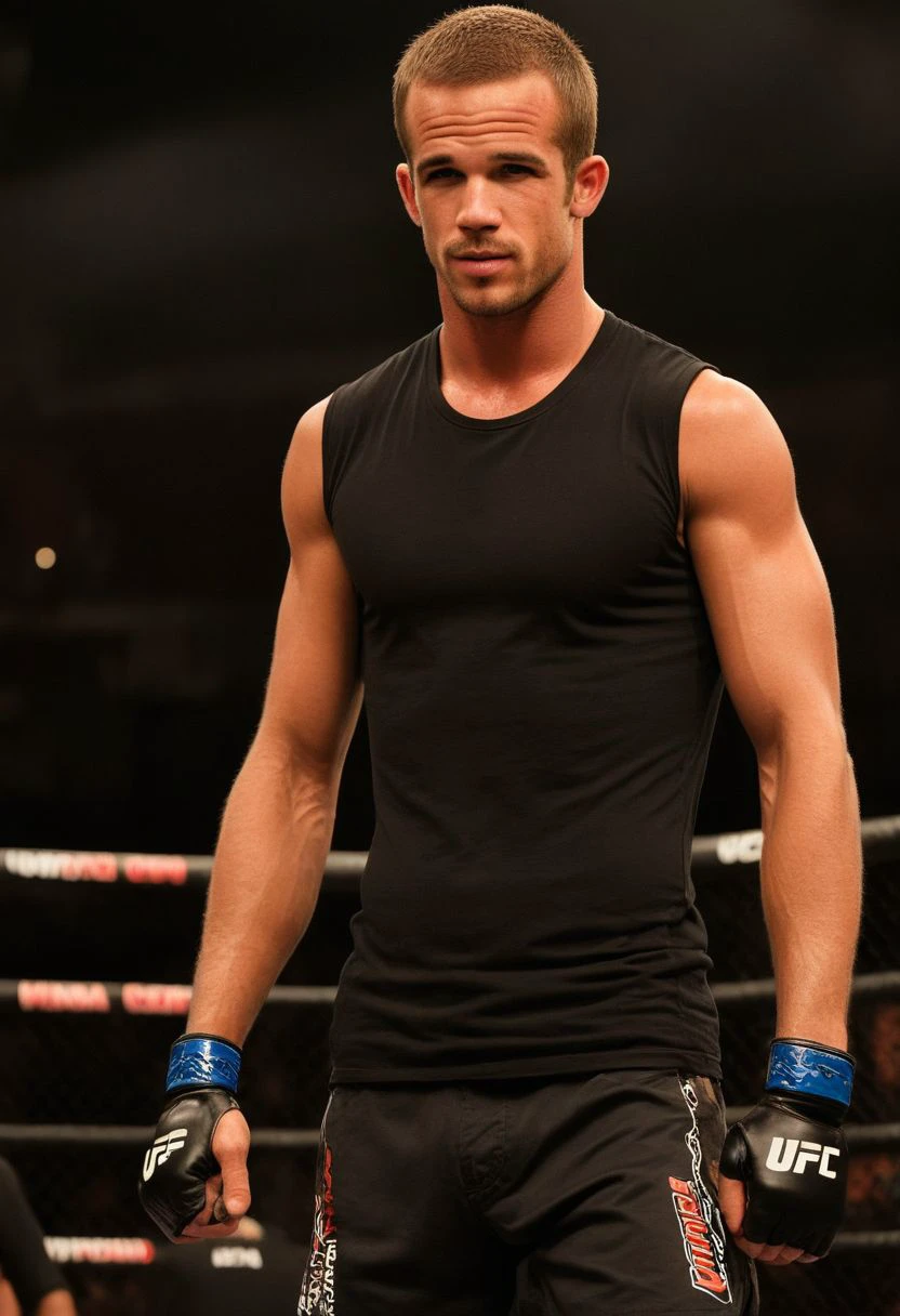 homoerotic photo of Cam Gigandet a man <lora:Cam-Gigandet:0.9>, UFC fighting ring, cocky expression, as a UFC fighter, (black muscle shirt:1.4), Venum UFC shorts, ((full body portrait)), wide angle, ((masterpiece)), natural skin, natural body muscle definitions, adobe lightroom, photolab, intricate, highly detailed, sharp focus, insane details, intricate details, hyperdetailed, low contrast, soft cinematic light, exposure blend, dim colors, dim light, Award - winning, with Kodak Portra 800, a Hasselblad 500 ,55mm f/ 1.9 lens, extreme depth of field, available light, high contrast, Ultra HD, HDR, DTM, 8K,