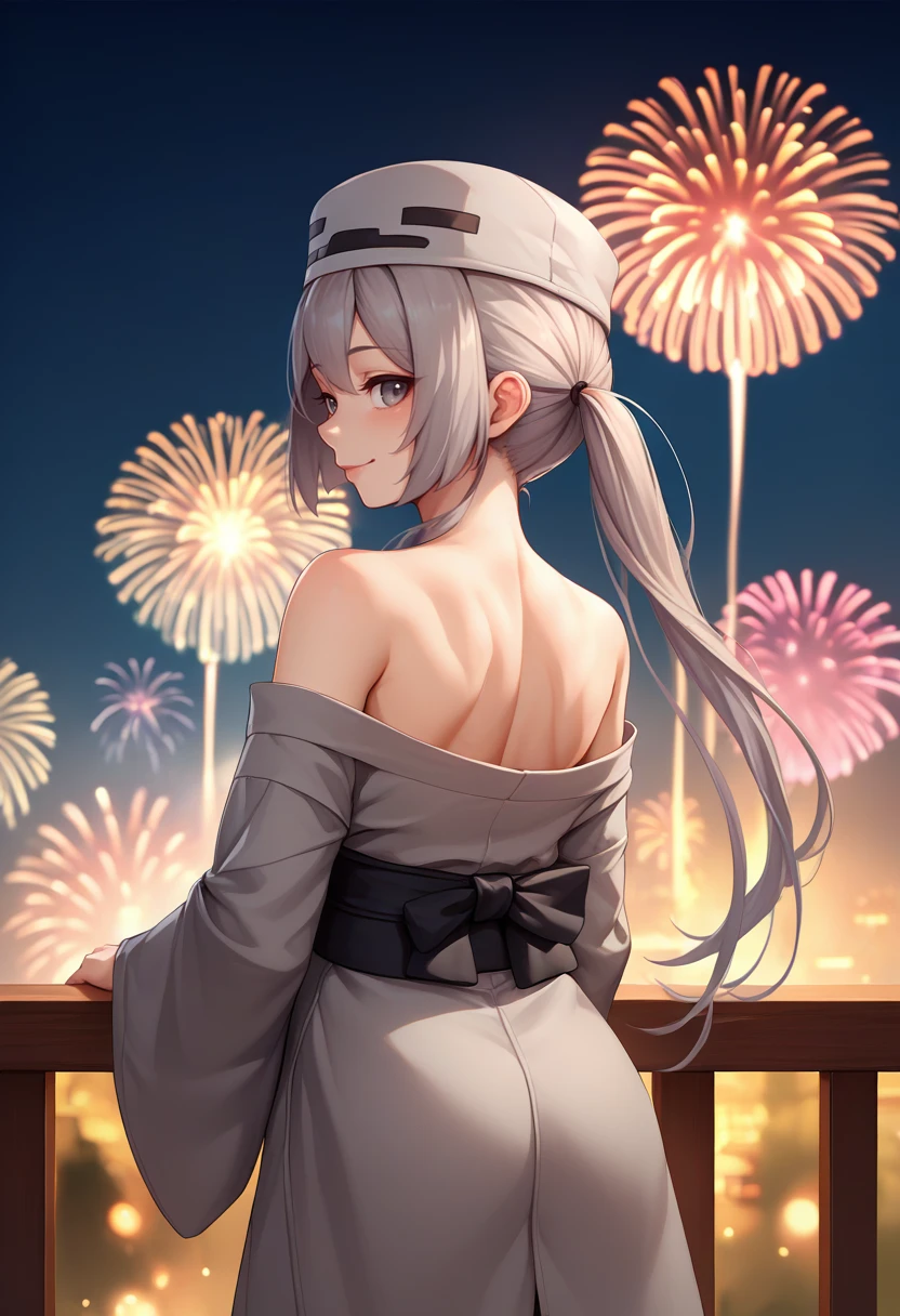 score_9, score_8_up, score_7_up, source_anime, from behind, solo, 1girl, mtskeleton, happy, looking back, grey hair, twintails, hat, grey eyes, grey kimono, off shoulder, black sash, bare shoulders, fireworks <lora:mobtalker_skeleton_ponyXL:1>