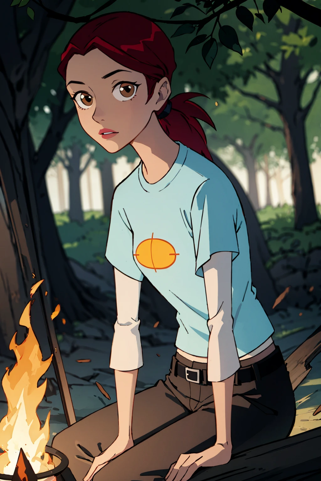 8k,highres, masterpiece,best quality,barbara,1girl,solo,campfire,tree,day,red hair,ponytail,brown eyes,lipstick,blue shirt,short sleeves,layered sleeves,looking at viewer,masterpiece,best quality