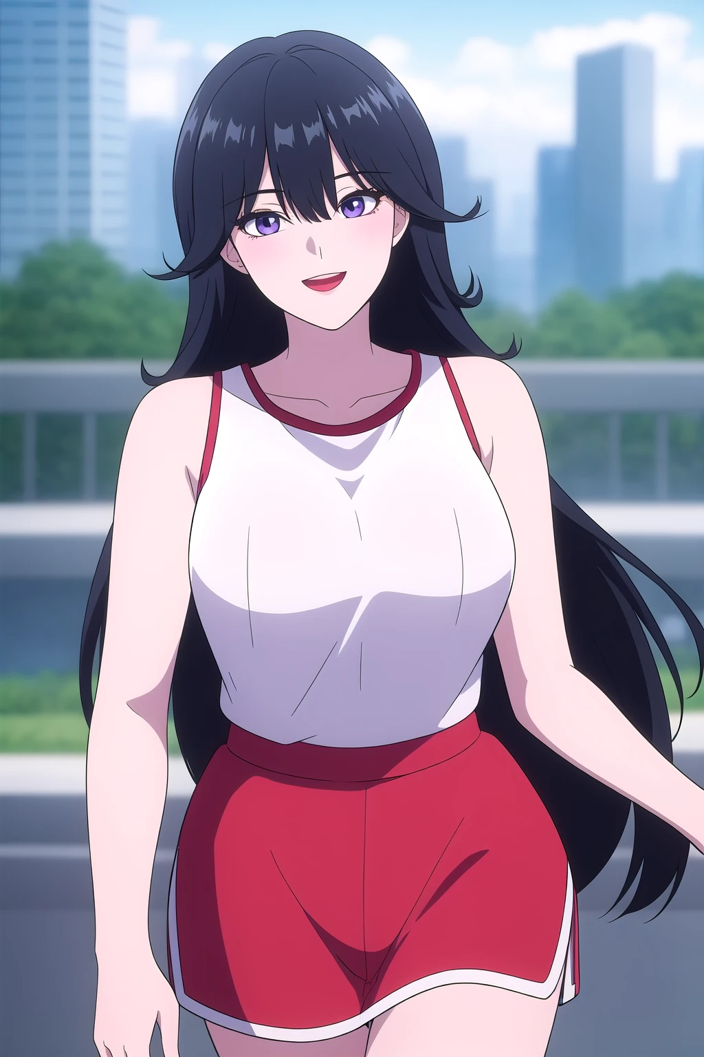 (masterpiece, best quality), highly detailed background, perfect lightingbest quality, dunalee, solo, outdoors, city, day, running, black hair, hair between eyes, very long hair, makeup, purple eyes, breasts, white shirt, white camisole, sleeveless shirt, bare shoulders, red skirt, red shorts, smile, open mouth, :d, pink lips, <lora:Duna-Lee:0.7>