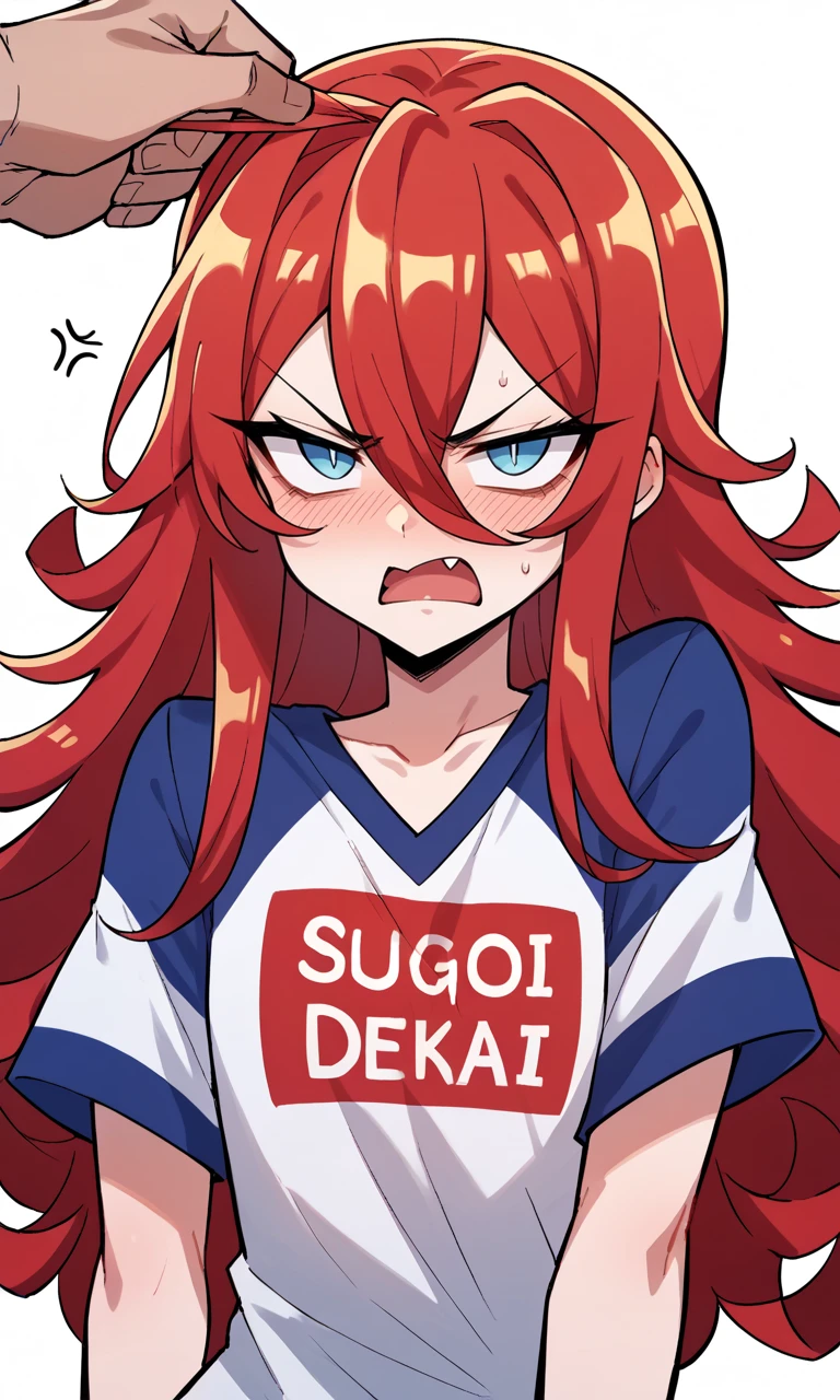 scorscore_9, score_8_up, score_7_up, score_6_up, source_anime,sugoi dekai, v-shaped bangs, flat chest,1girl, long hair, curly hair, shirt pull, angry, annoyed, glaring, disdain, white background, open mouth, upper body, skin fang, simple background, clothes writing, blush, hair between eyes, shirt, looking at viewer, cosplay, <lora:Sugoi Dekai-XL-V1:1>