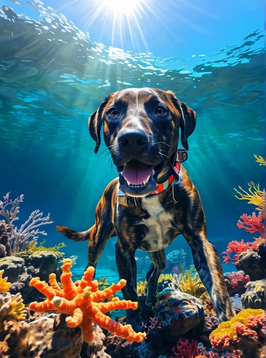 Digital illustration, underwater view, a curious Brown Catahoula Dog swimming gracefully among coral reefs and colorful marine life, its coat blending with the dappled sunlight filtering through the water, conveying a sense of wonder and exploration, with vibrant hues and intricate details capturing the beauty of the underwater world, rendered in a whimsical and enchanting style that celebrates the dog's adventurous spirit and love for exploration beneath the waves  <lora:Brown Catahoula Dog XL_epoch_3:0.75>  <lora:MJ52:0.3>  <lora:add-detail-xl:1>