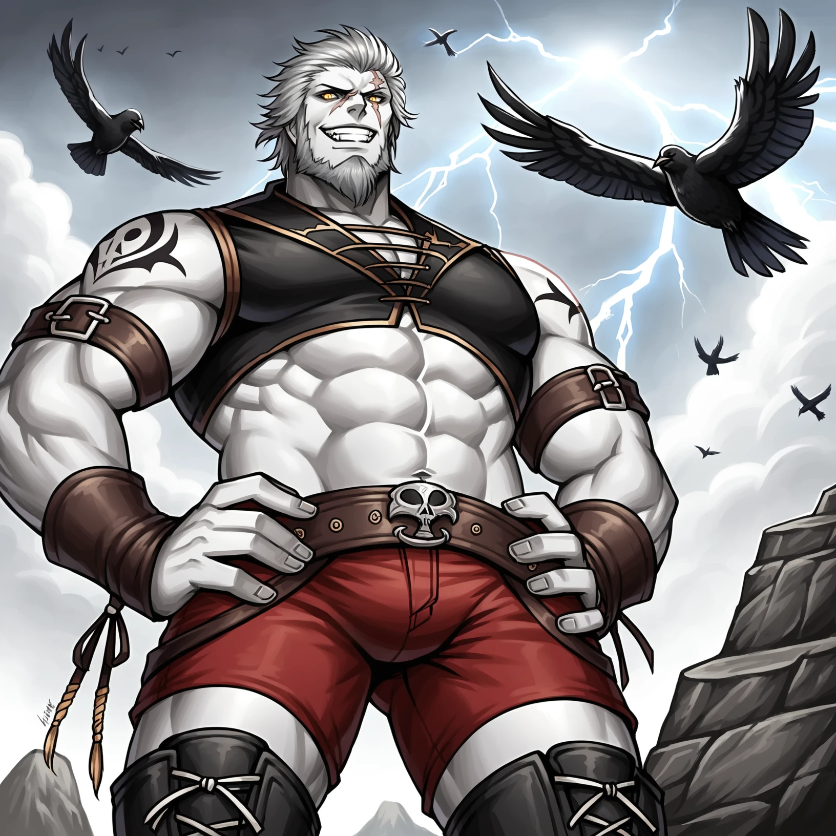 score_9,  realistic, photo, source_anime, Roegadynffxiv, 1boy, solo, bara, proud, pirate, croptop, midriff, rock, cliff, sky, birds, storm, cloudy, dark clouds, black clouds, whorled clouds,  lightning,  from below, hands on own hips, grey hair, scar, muscular, tattoos, crow, long beard,  grin, evil smile,  seagull, grey skin,  muscular, strong, boots, red shorts <lora:RoegadynFFXIVPonyV1-02:1>