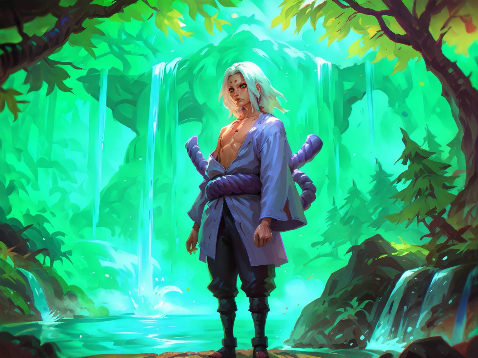 <lora:Naruto_r1:0.8>, <lora:k1m1maro-08:0.8>, 1boy, k1m1maro, green eyes, red eyeliner, forehead mark, white hair, long hair, ninja, tan tunic, long sleeves, purple rope belt, pants, open clothes, standing, forest, river, waterfall background, day, solo,<lora:8_Horace_Hsu:0.8>, score_9, score_8_up, score_7_up