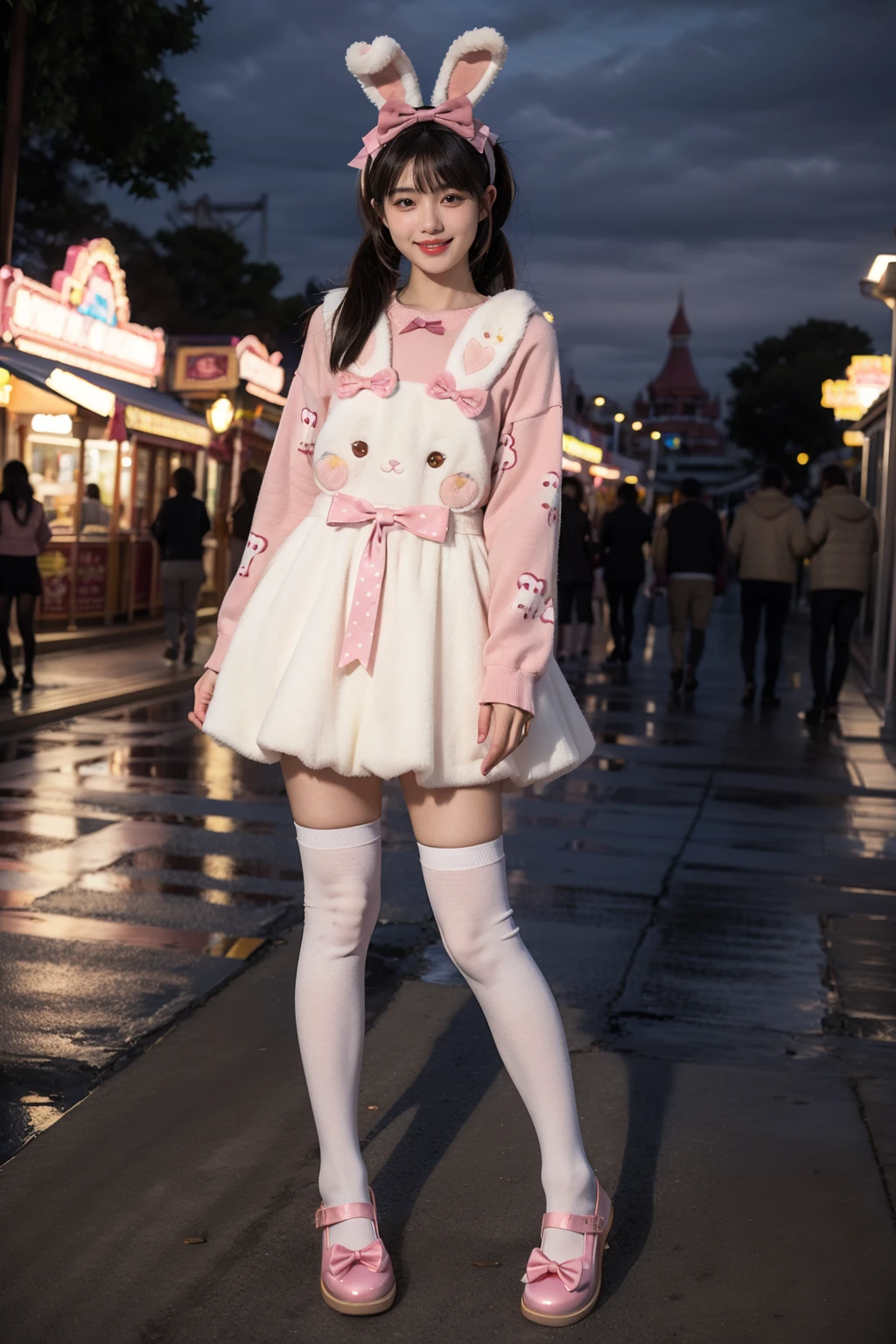 best quality,masterpiece,realistic,photorealistic,1girl,solo,looking at viewer,smile,standing,black hair,twintails,long hair,dynamic pose,full body,cyb dress,rabbit dress,white dress,rabbit skirt,shirt,animal print shirt,long sleeves,bow,pink bow,rabbit ears,rabbit print,white kneehighs,pink shoes,night,light,amusement park,people,detailed background,<lora:cute_attire_style3_v1:0.7>,<lora:Background_Detail_v3:1.5>,