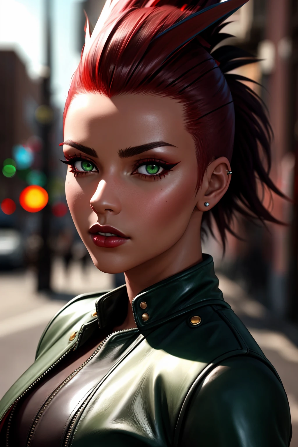 Photorealistic Highly detailed raw 8k photography masterpiece, volumetric lighting and shadows, (Dark red mohawk girl with dark green eyes in leather:1.3), Two-shot view, realistic skin texture, (Bold attitude:1.2), Pierced nose, Urban backdrop, Edgy flair, Dynamic light plays, Captured with exceptional precision, Rich tones, Striking atmosphere. Retro, nostalgic, old-fashioned, timeless . highly detailed, lifelike, precise, accurate