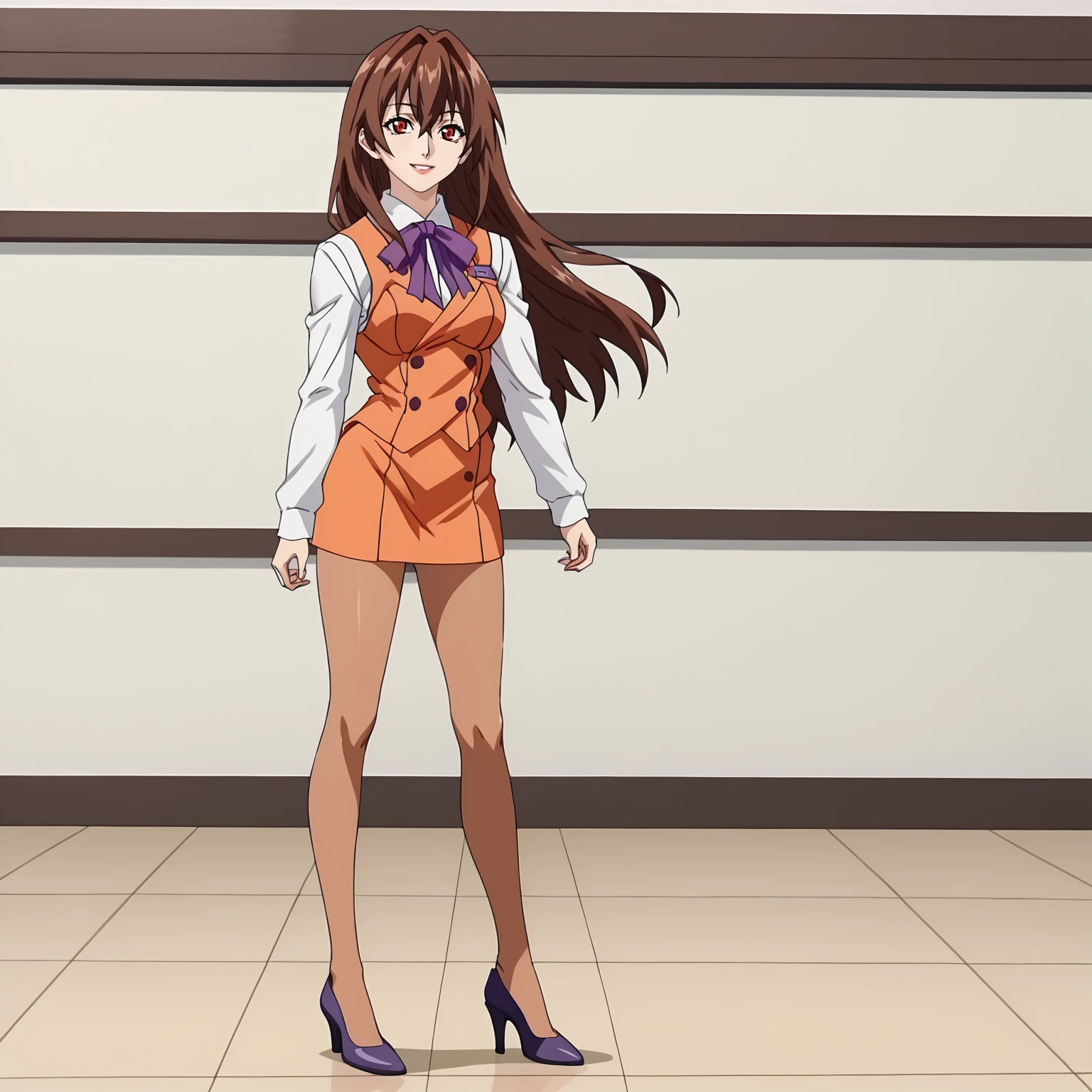 <lora:RenaAsaokaXLpony005>,
smile,parted lips,
solo,
RenaAsaoka,1girl,brown hair,long hair,hair between eyes,red eyes,
medium breasts,
white shirt,long_sleeves,purple ribbontie,orange vest,
orange pencil_silkart,
brown pantyhose,
high_heels,
full body,standing,
