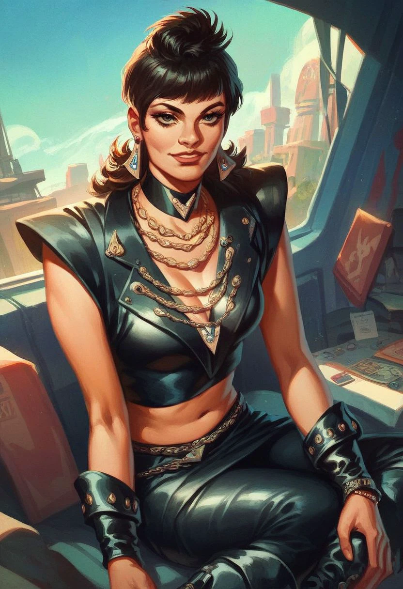 score_9_up, score_8_up, score_7_up, score_6_up, 1girl,  (Kitten_Mcgee) , jewelry, earrings, necklace, black leather crop top, boots, (painted art), arrogant smile, sitting in a high-tech chair, in a spaceship