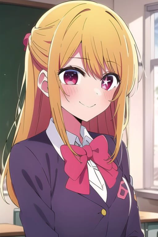 (masterpiece),hoshino ruby, star-shaped pupils, blonde hair, pink eyes, 1girl, solo, classroom, bow, red bow, school uniform, blush, bowtie, shirt, jacket, long hair, white shirt, smile, upper body, :3