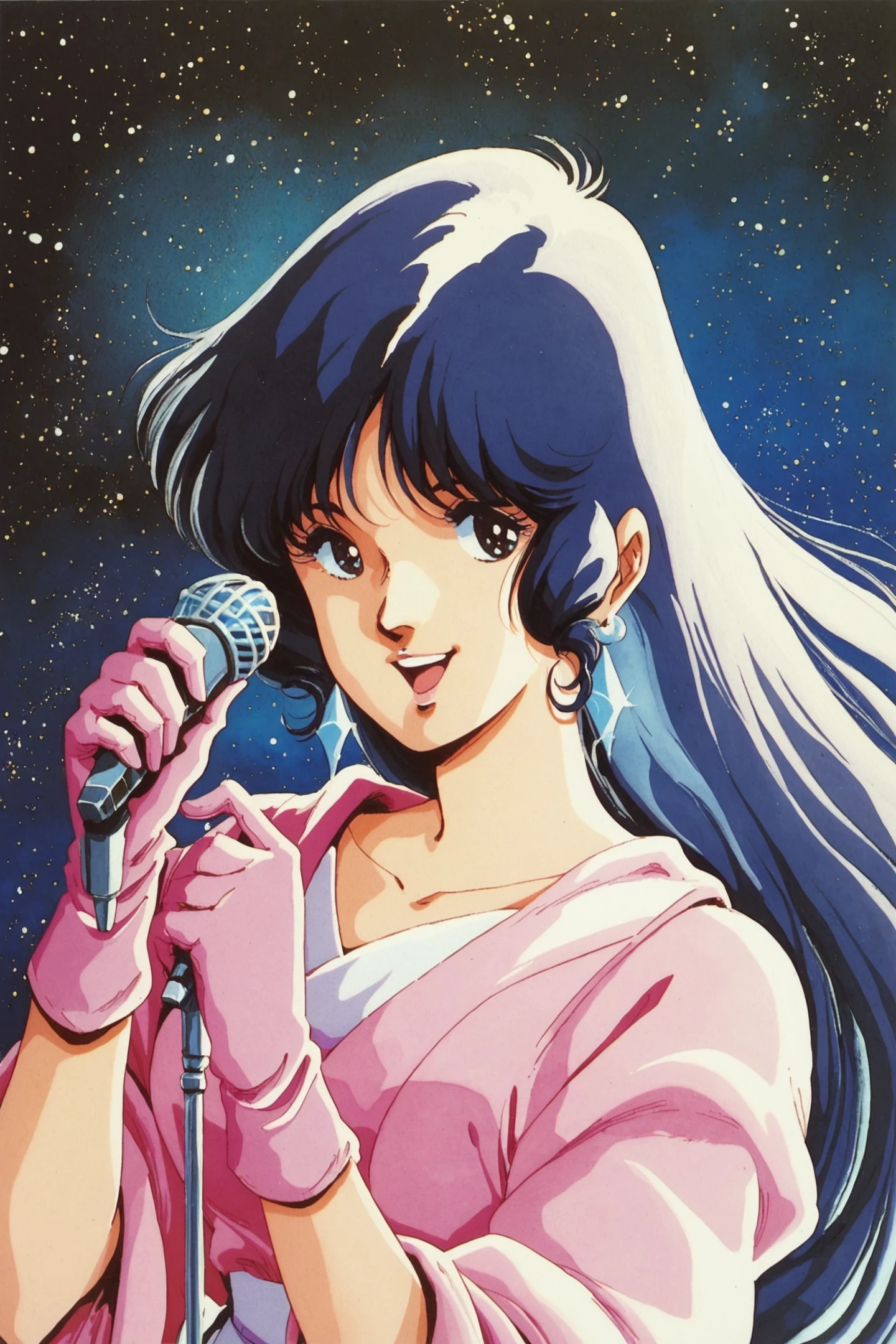 score_9,score_8_up,score_7_up,masterpiece,best quality,very aesthetic,absurdres,official art,official style,anime screencap,
Lynn Minmay,1girl,solo,long hair,purple hair,black hair,microphone,gloves,jewelry,pink dress,long dress,earrings,retro artstyle,1980s (style),holding,space,black eyes,looking at viewer,holding microphone,smile,open mouth,upper body,star (symbol),pink gloves,star (sky),very long hair,traditional media,watercolor (medium),<lora:Haruhiko Mikimoto_XL_PONY:0.8>,