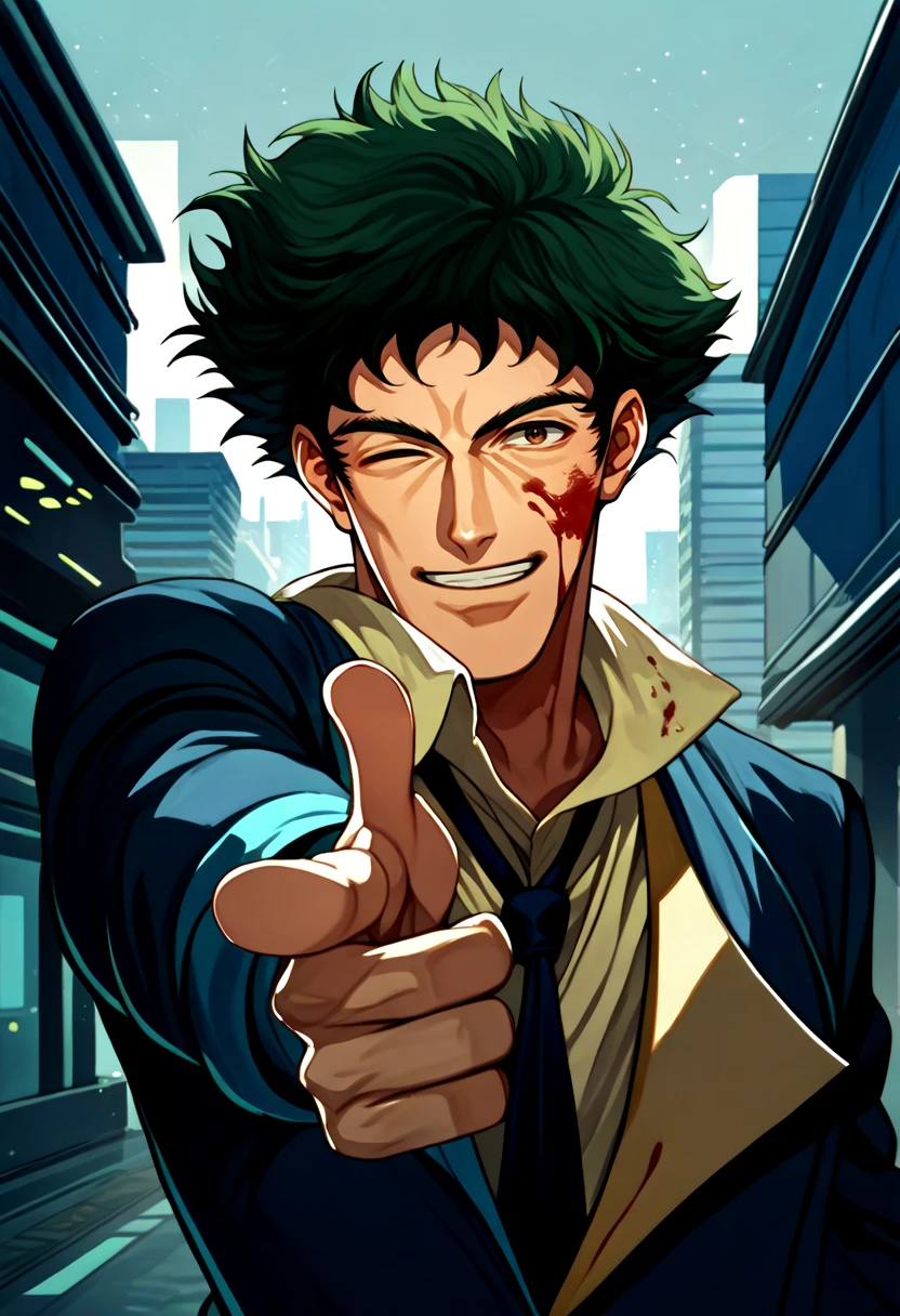 score_9, score_7_up, score_8_up, source_anime, upper body, solo, male focus, 1boy, spikespiegel, blood on face, smile, looking at viewer, finger gun, pointing at viewer, one eye closed, formal, suit, jacket, necktie, science fiction, outdoors, city <lora:cowboybebop_spike_ponyXL-000008:1> <lora:Fingergun_XLPD:1>