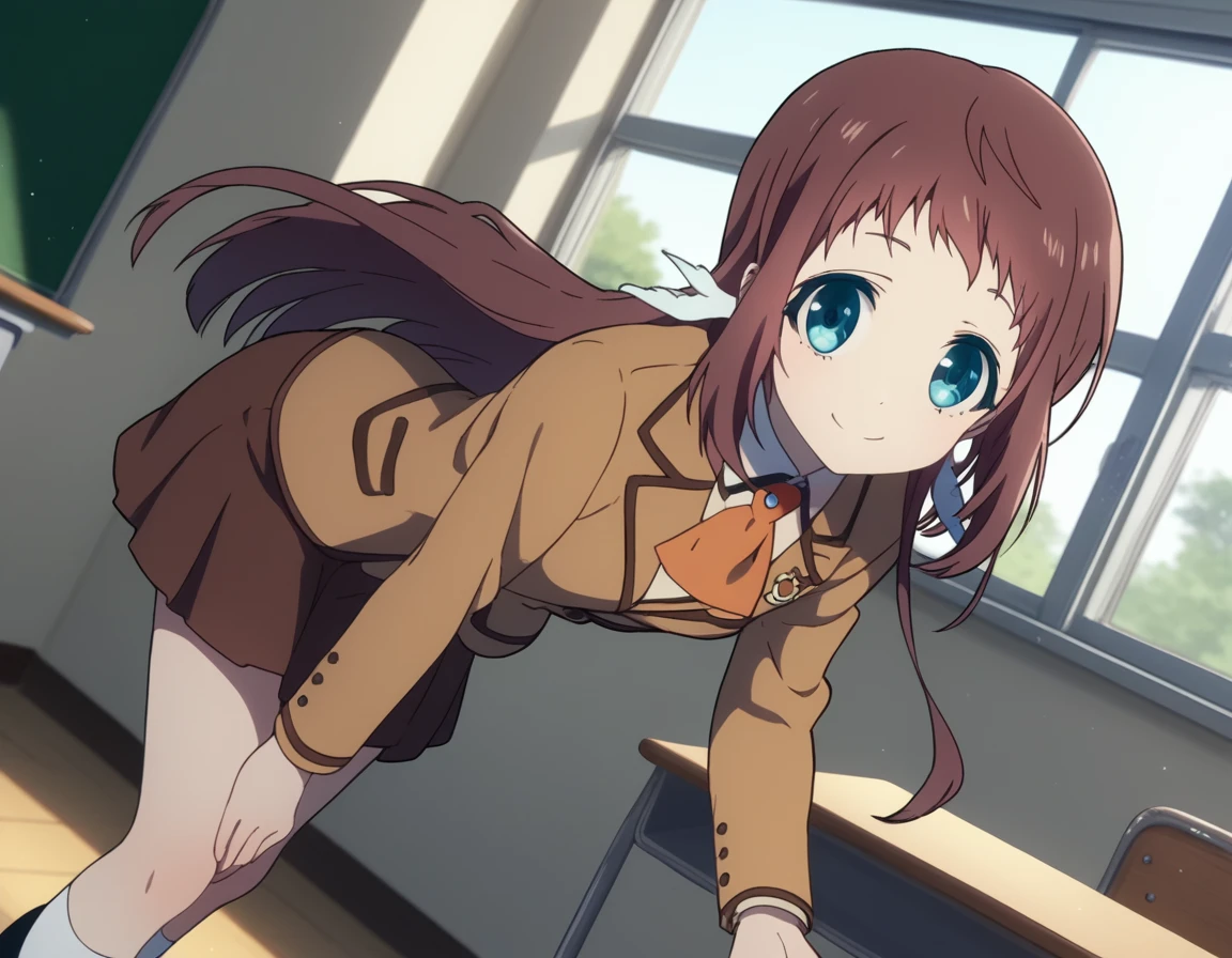 score_9, score_8_up, score_7_up, source_anime,
manakamukaido, <lora:manaka-mukaido-s1-ponyxl-lora-nochekaiser:1>,
manaka mukaido, long hair, blue eyes, brown hair,
skirt, school uniform, socks, blazer, neckerchief, long sleeves, brown skirt, brown blazer,
indoors, classroom, bent over, smile,
looking at viewer, cowboy shot, dutch angle, solo,