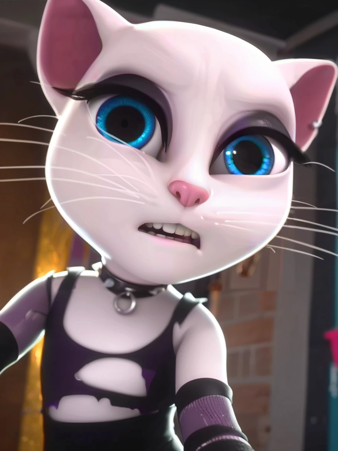 solo focus, <lora:Angela:0.7> a_la, 1girl, cat, white fur, long whiskers on each side of face, large brilliant blue eyes, large black eyelashes, small pink nose, triangular ears with pink canals, looking at viewer, goth outfit, ((torn revealing clothes)), goth makeup, score_9, score_8_up, score_7_up,
