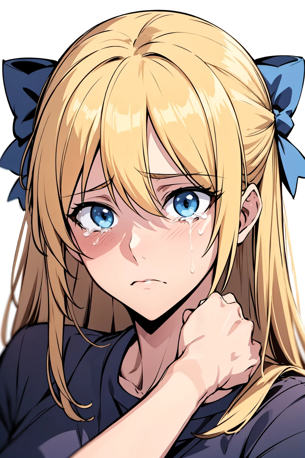 masterpiece, best quality, 1girl, solo, <lora:Teresa-000005:0.6> thg-teresa, long hair, blonde hair, blue eyes, bow, hair bow, blue bow BREAK school uniform, black shirt, portrait, sad, crying,