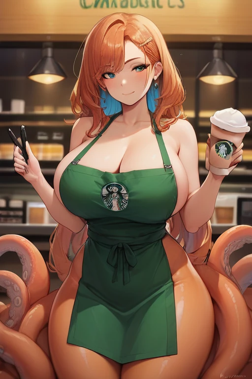 high detail, masterpiece, score_9, score_8_up, score_7_up,  source_anime, 1girl, scylla, orange tentacles, big breasts,  <lora:Pony_ScyllaOctopus_girl:0.8>, starbucks barista