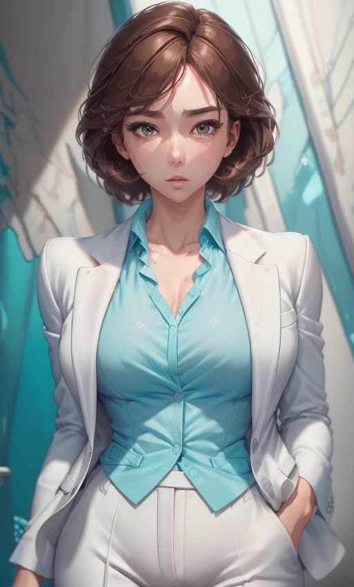 <lora:Mobster_Hotline_Miami:0.85> mobster, white suit, teal dress shirt, female, brown hair, best quality, masterpiece, detailed, 8K, uhd, (extremely detailed CG unity 8k wallpaper),(masterpiece), (best quality), (ultra-detailed), (best illustration), detailed face, skin pores, detailed skin, detailed eyes, high quality eyes, good quality hands, high resolution, great anatomy