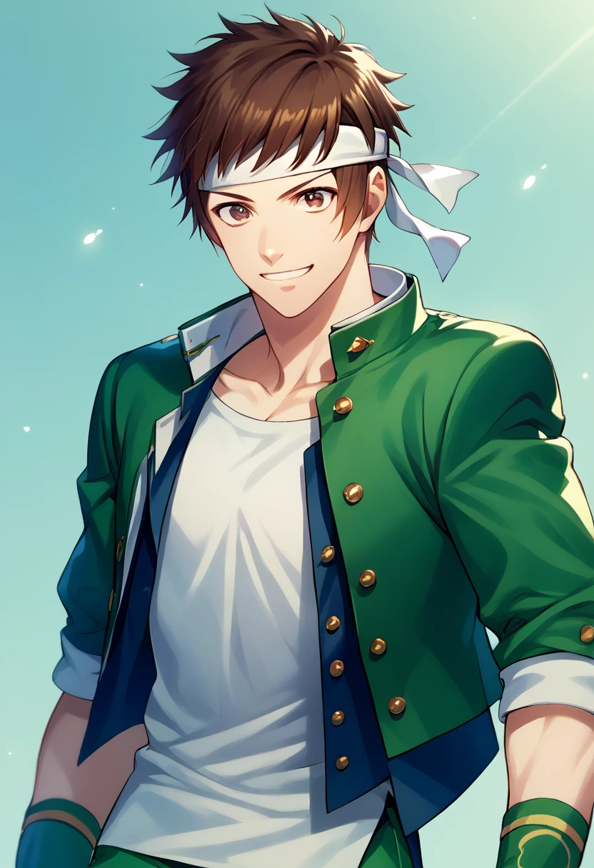 score_9, score_8_up, score_7_up, masterpiece, best quality, amazing quality, best aesthetic, ,absurdres, ((source_anime)), cute,,shingo yabuki, brown eyes, headband, green jacket, white t-shirt, fingerless gloves, green pants, open jacket, 1boy<lora:EMS-369420-EMS:1.000000>