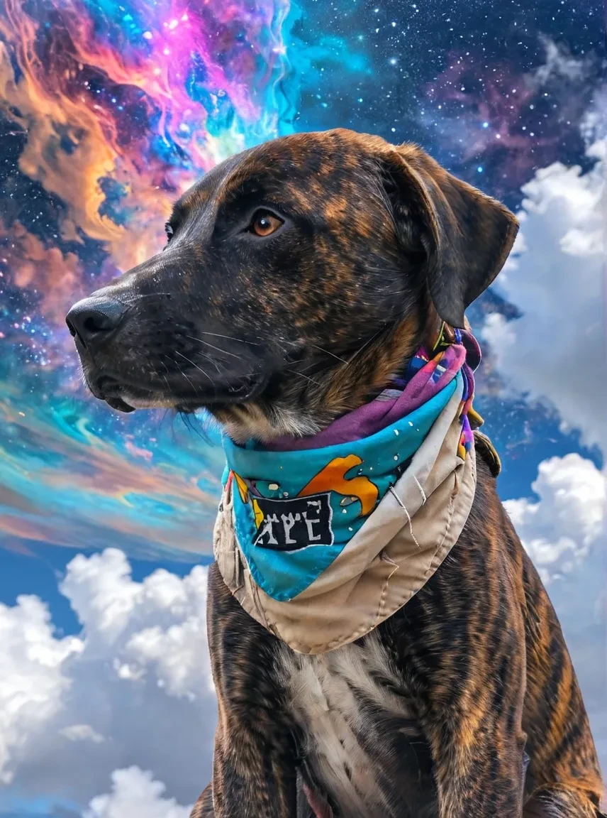 Collage art, abstract perspective, close up of a Brown Catahoula Dog wearing a bandana around his neck, depicted amidst a surreal dreamscape, with swirling colors and geometric shapes representing its boundless energy and dynamic personality, set against a backdrop of cosmic skies and floating clouds, evoking a sense of wonder and imagination, with layers mirrored textures creating depth and movement in the composition, rendered in a bold and experimental style that invites viewers to explore the depths of their own imagination <lora:Brown Catahoula Dog XL_epoch_3:1>  <lora:MJ52:0.3>  <lora:add-detail-xl:1>