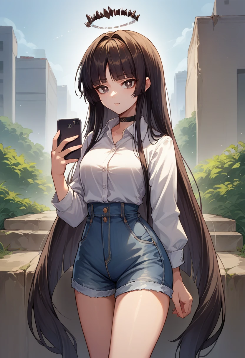 score_9, score_8_up, source_anime, 1girl, solo, VirtuosaBase, white pupils, long hair, hime cut, broken halo, white shirt, dress shirt, black choker, holding cellphone, denim shorts, high-waist shorts, outdoors, <lora:ChamVirtuosaPonyXL-000004:1>